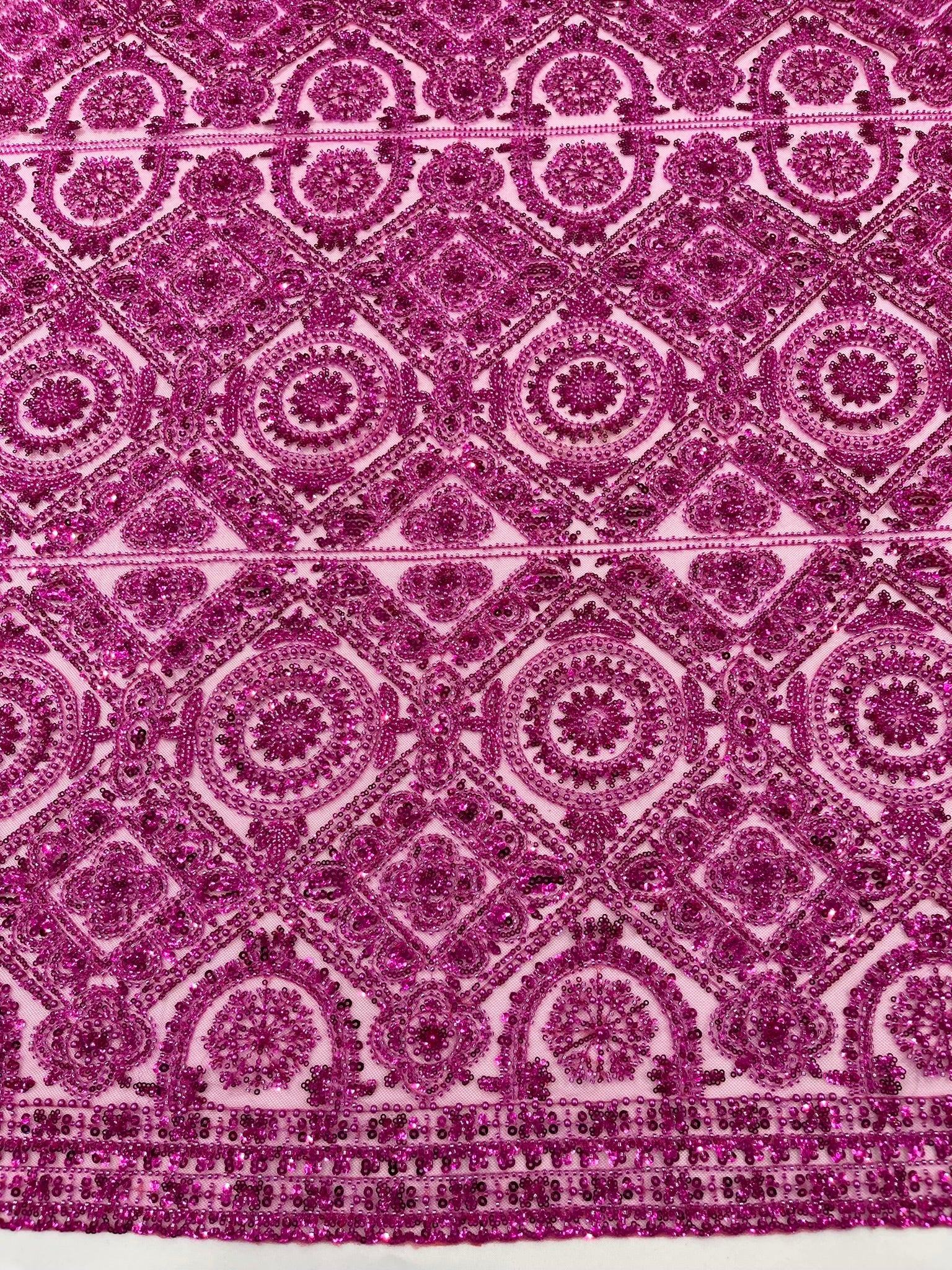 Beaded Lace Fabric, Heavy Embroidered Geometric Design on 58" Mesh - New Creations Fabric & Foam Inc