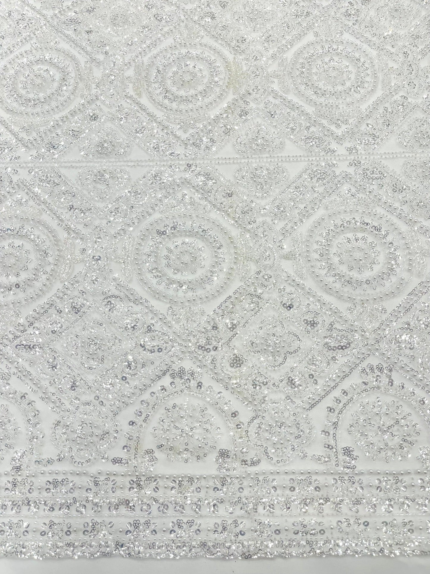Beaded Lace Fabric, Heavy Embroidered Geometric Design on 58" Mesh - New Creations Fabric & Foam Inc