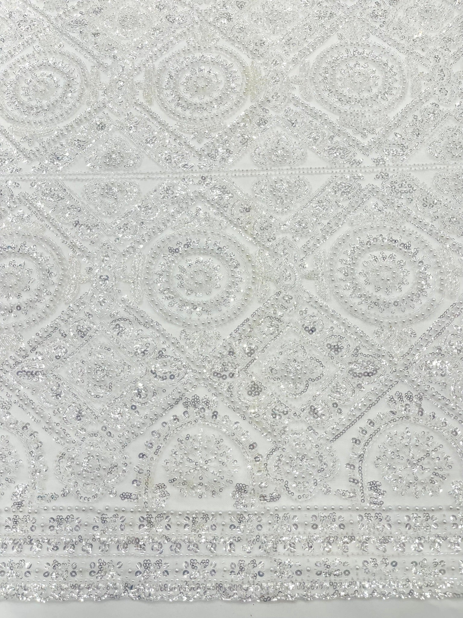 Beaded Lace Fabric, Heavy Embroidered Geometric Design on 58" Mesh - New Creations Fabric & Foam Inc