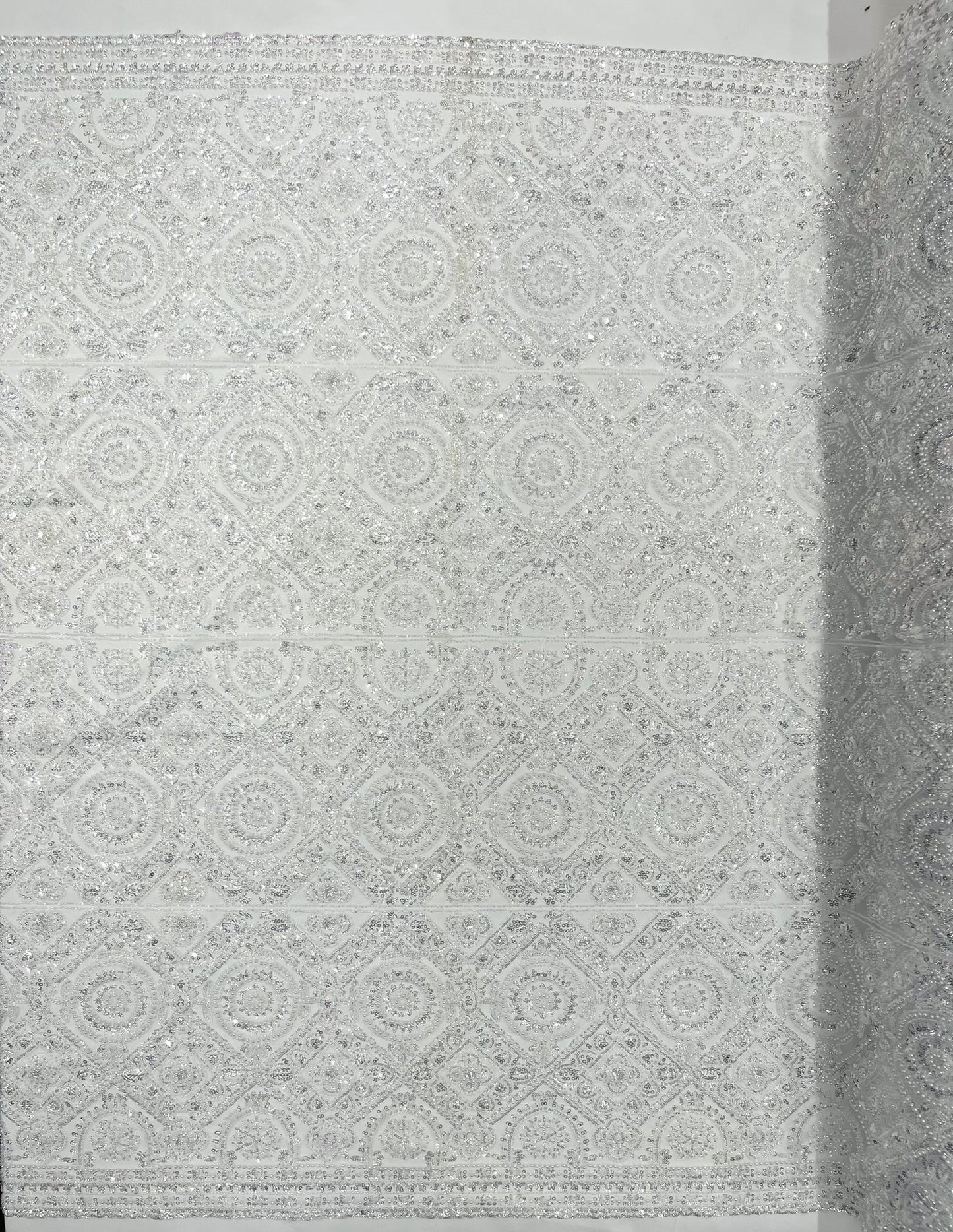 Beaded Lace Fabric, Heavy Embroidered Geometric Design on 58" Mesh - New Creations Fabric & Foam Inc