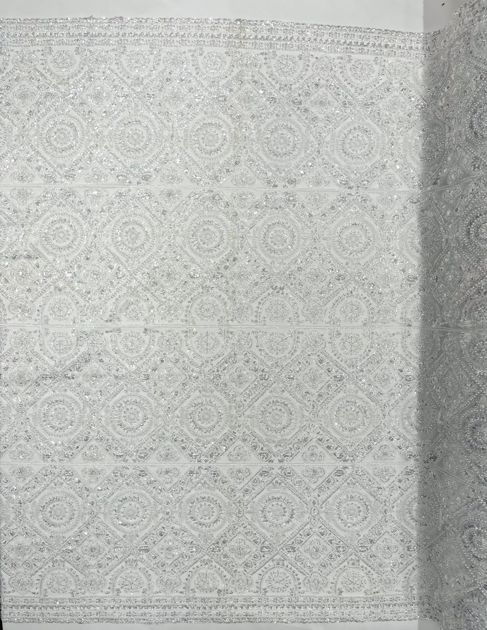 Beaded Lace Fabric, Heavy Embroidered Geometric Design on 58" Mesh - New Creations Fabric & Foam Inc
