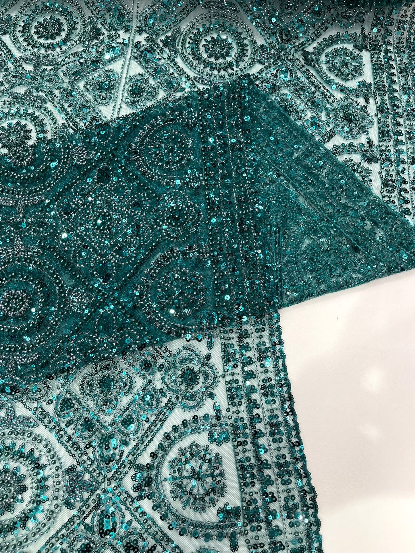 Beaded Lace Fabric, Heavy Embroidered Geometric Design on 58" Mesh - New Creations Fabric & Foam Inc