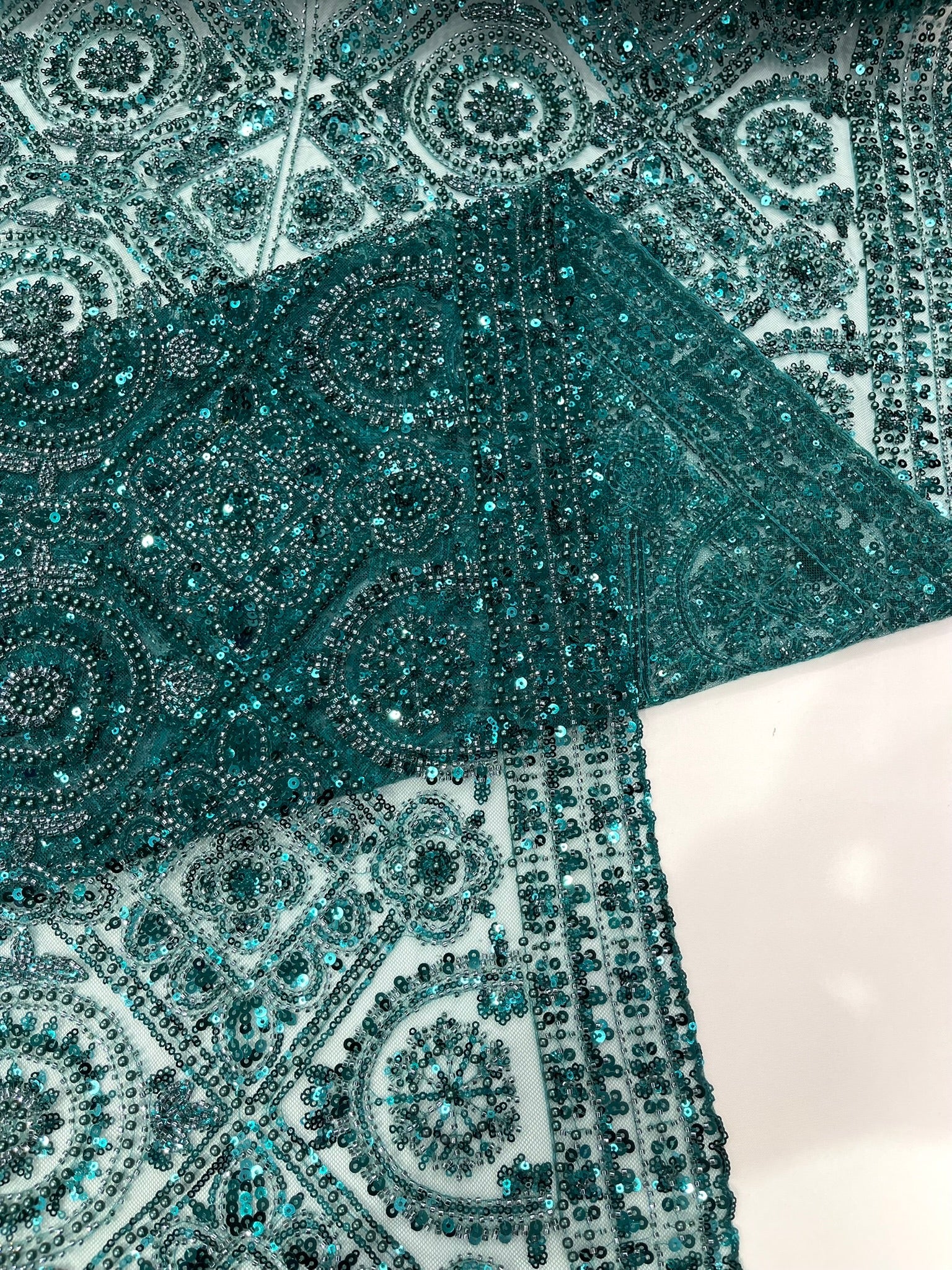 Beaded Lace Fabric, Heavy Embroidered Geometric Design on 58" Mesh - New Creations Fabric & Foam Inc