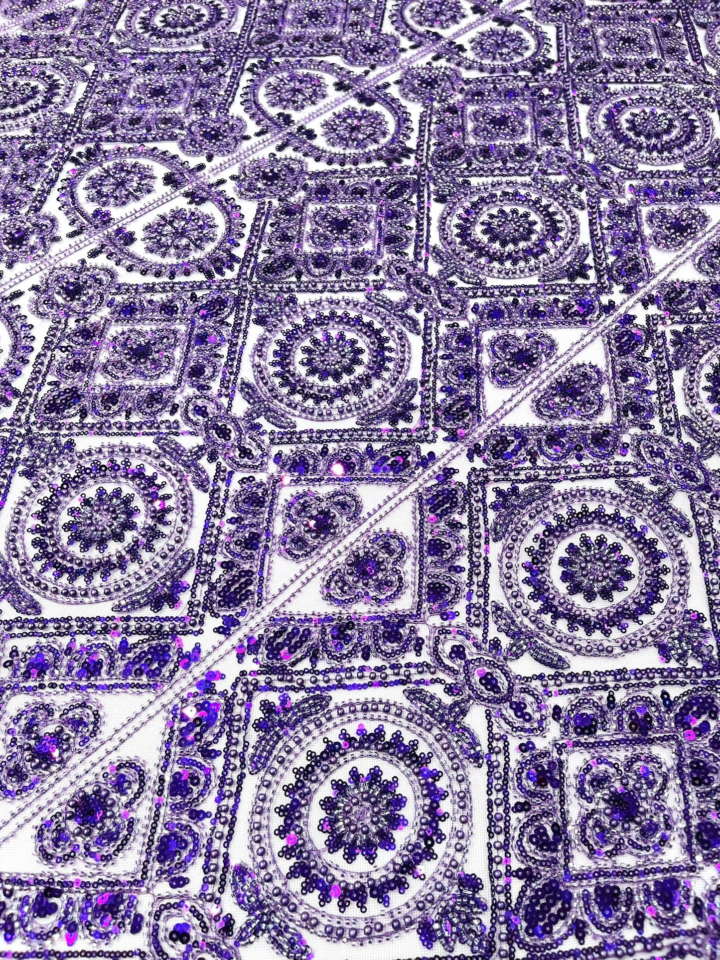 Beaded Lace Fabric, Heavy Embroidered Geometric Design on 58" Mesh - New Creations Fabric & Foam Inc