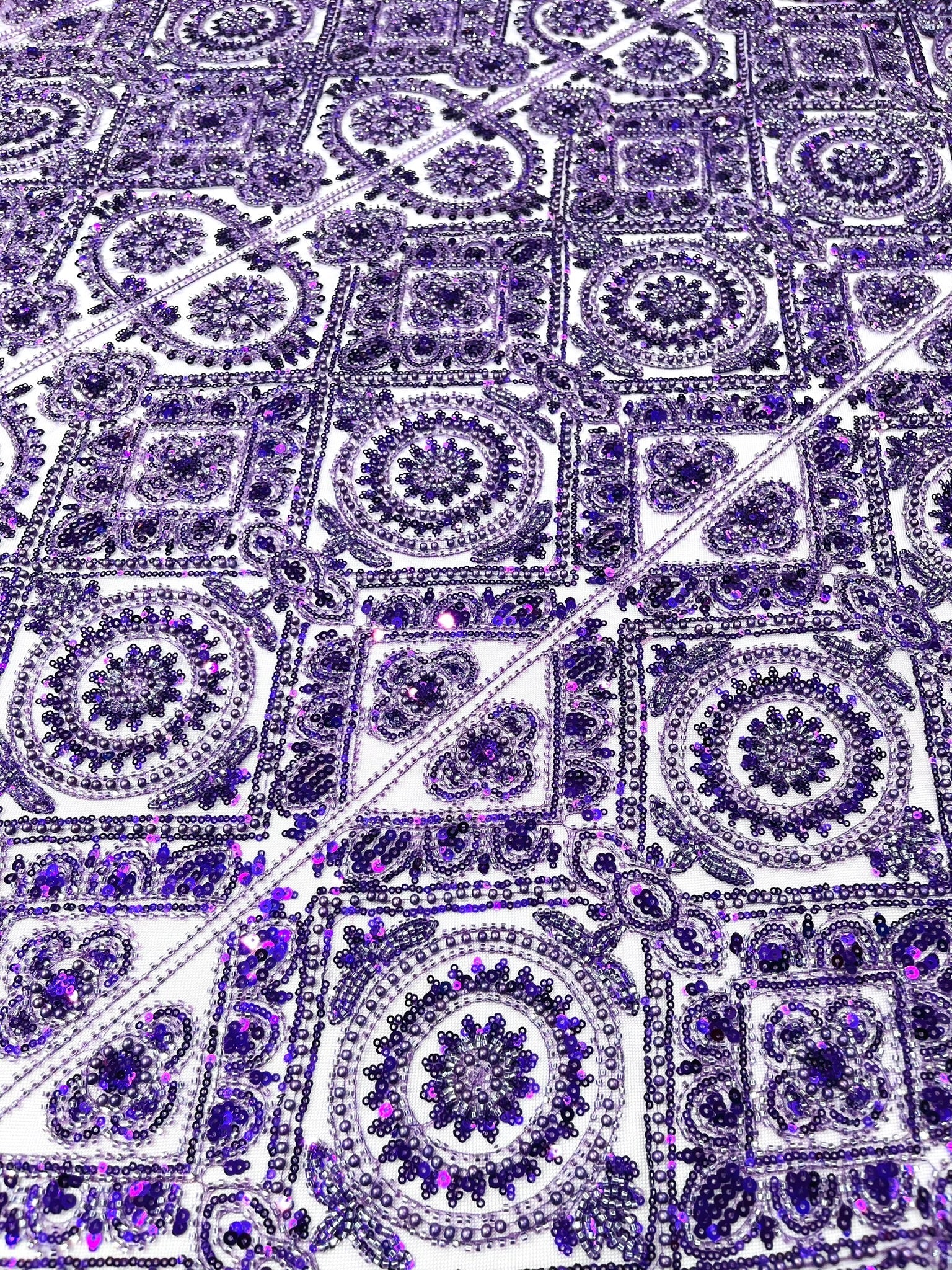 Beaded Lace Fabric, Heavy Embroidered Geometric Design on 58" Mesh - New Creations Fabric & Foam Inc