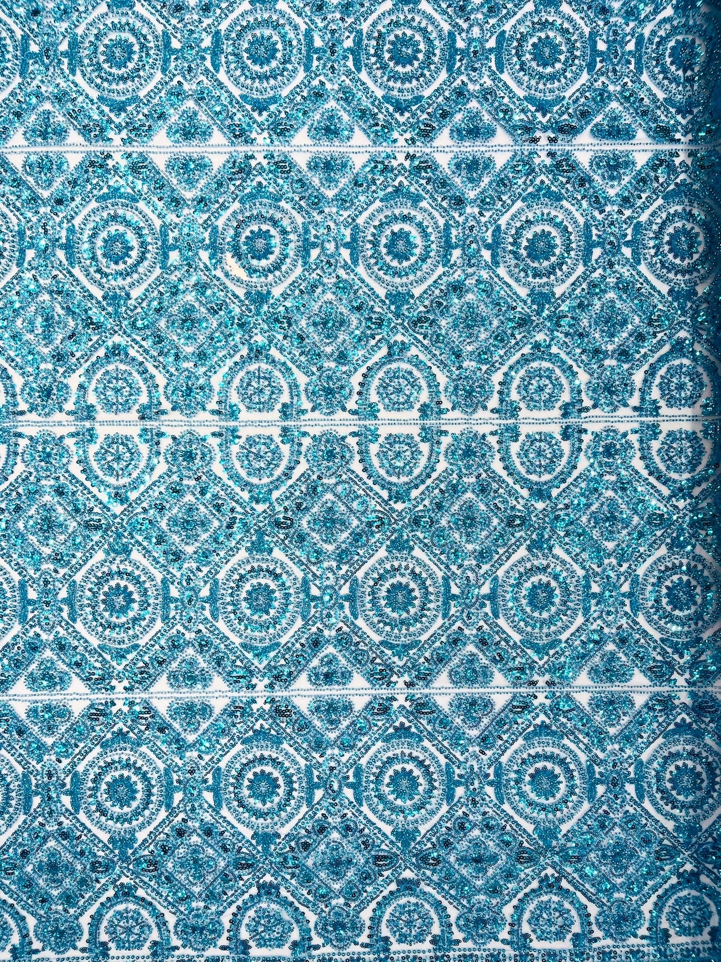 Beaded Lace Fabric, Heavy Embroidered Geometric Design on 58" Mesh - New Creations Fabric & Foam Inc