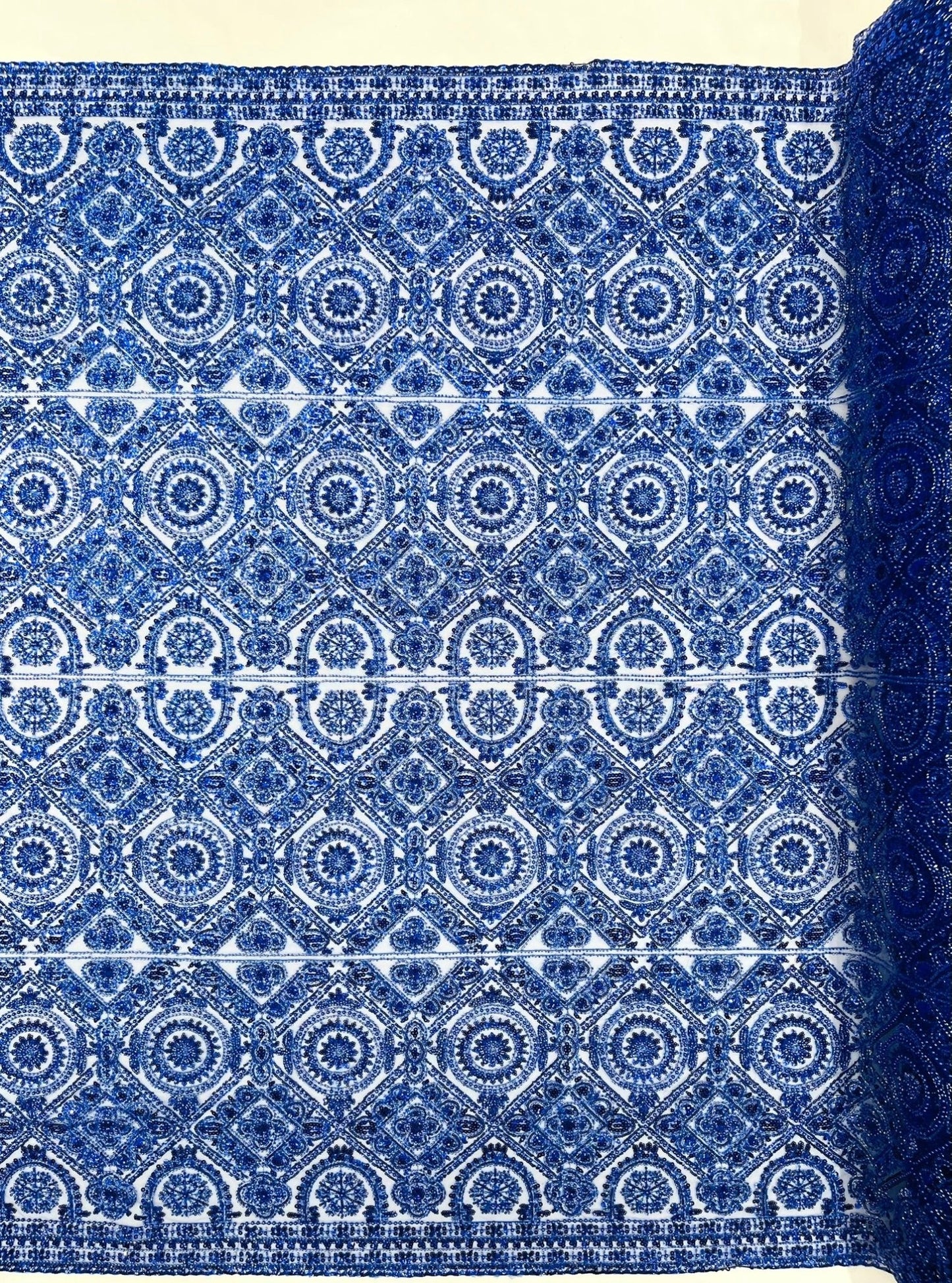 Beaded Lace Fabric, Heavy Embroidered Geometric Design on 58" Mesh - New Creations Fabric & Foam Inc