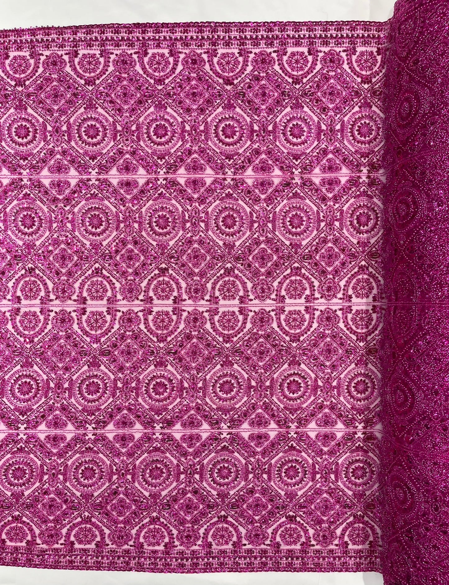 Beaded Lace Fabric, Heavy Embroidered Geometric Design on 58" Mesh - New Creations Fabric & Foam Inc