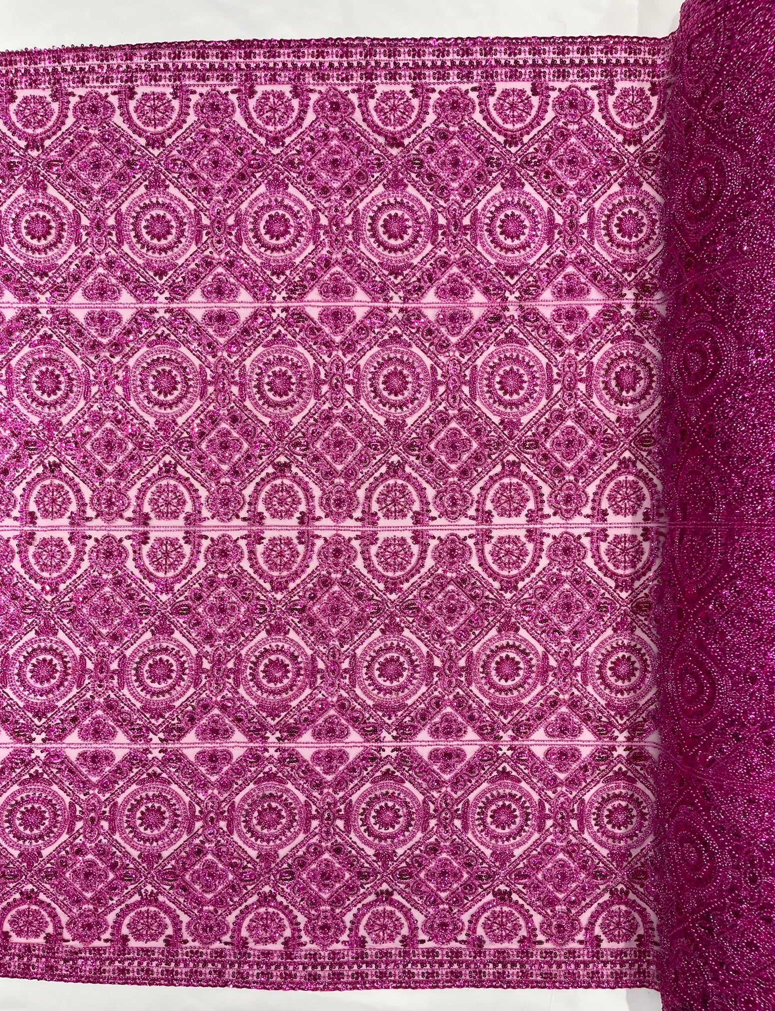 Beaded Lace Fabric, Heavy Embroidered Geometric Design on 58" Mesh - New Creations Fabric & Foam Inc
