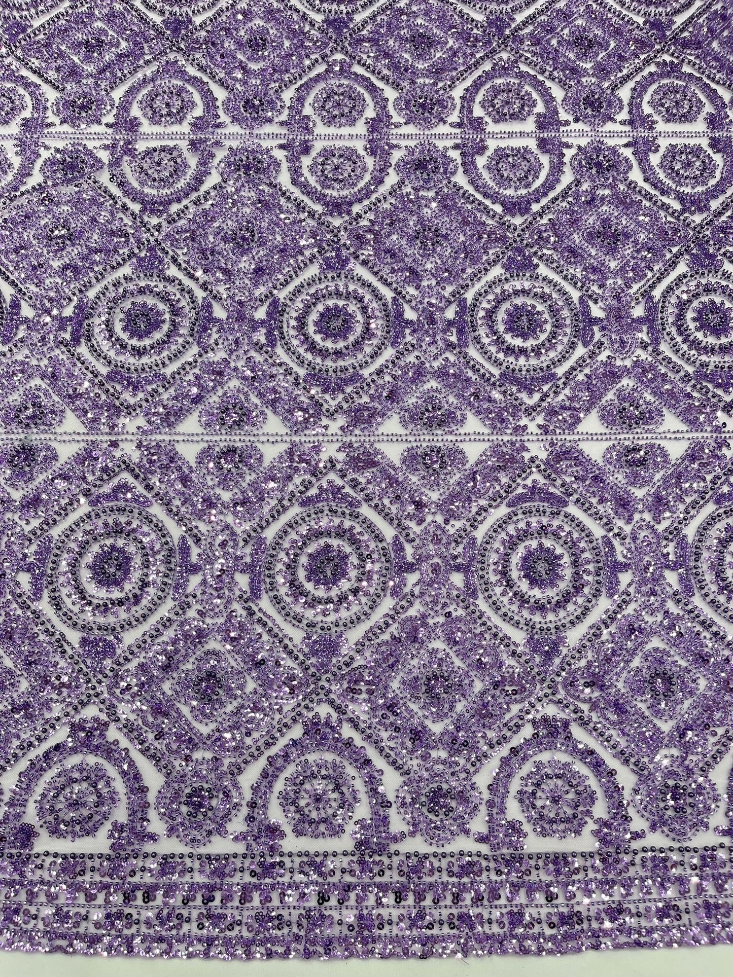 Beaded Lace Fabric, Heavy Embroidered Geometric Design on 58" Mesh - New Creations Fabric & Foam Inc