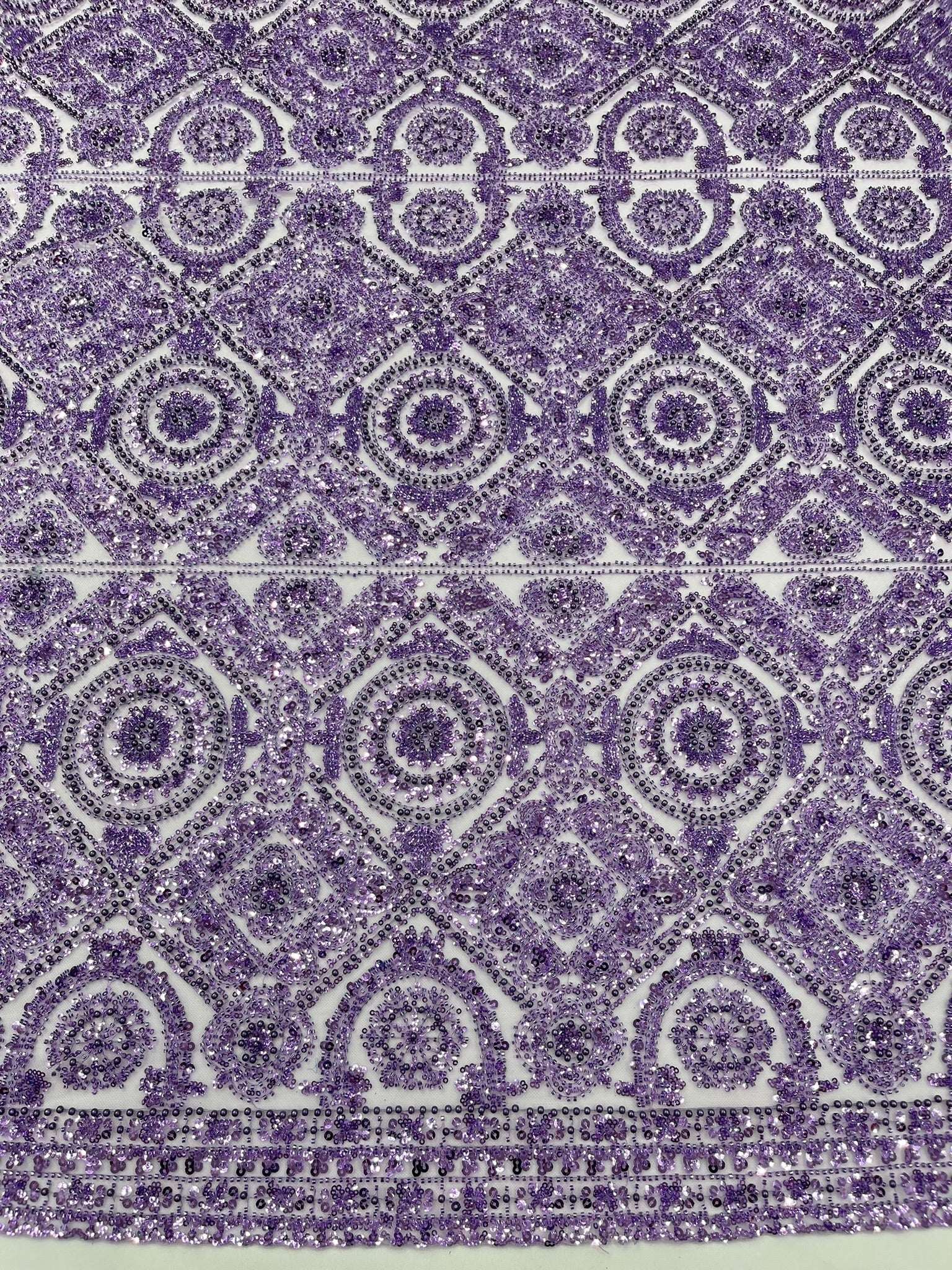 Beaded Lace Fabric, Heavy Embroidered Geometric Design on 58" Mesh - New Creations Fabric & Foam Inc