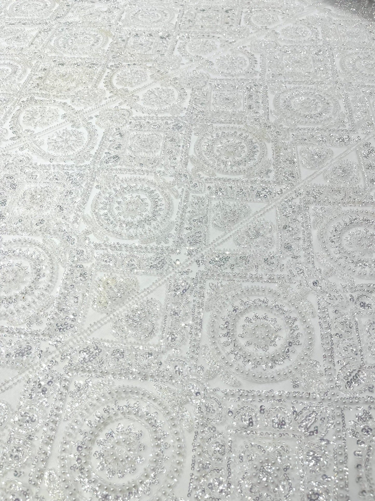Beaded Lace Fabric, Heavy Embroidered Geometric Design on 58" Mesh - New Creations Fabric & Foam Inc