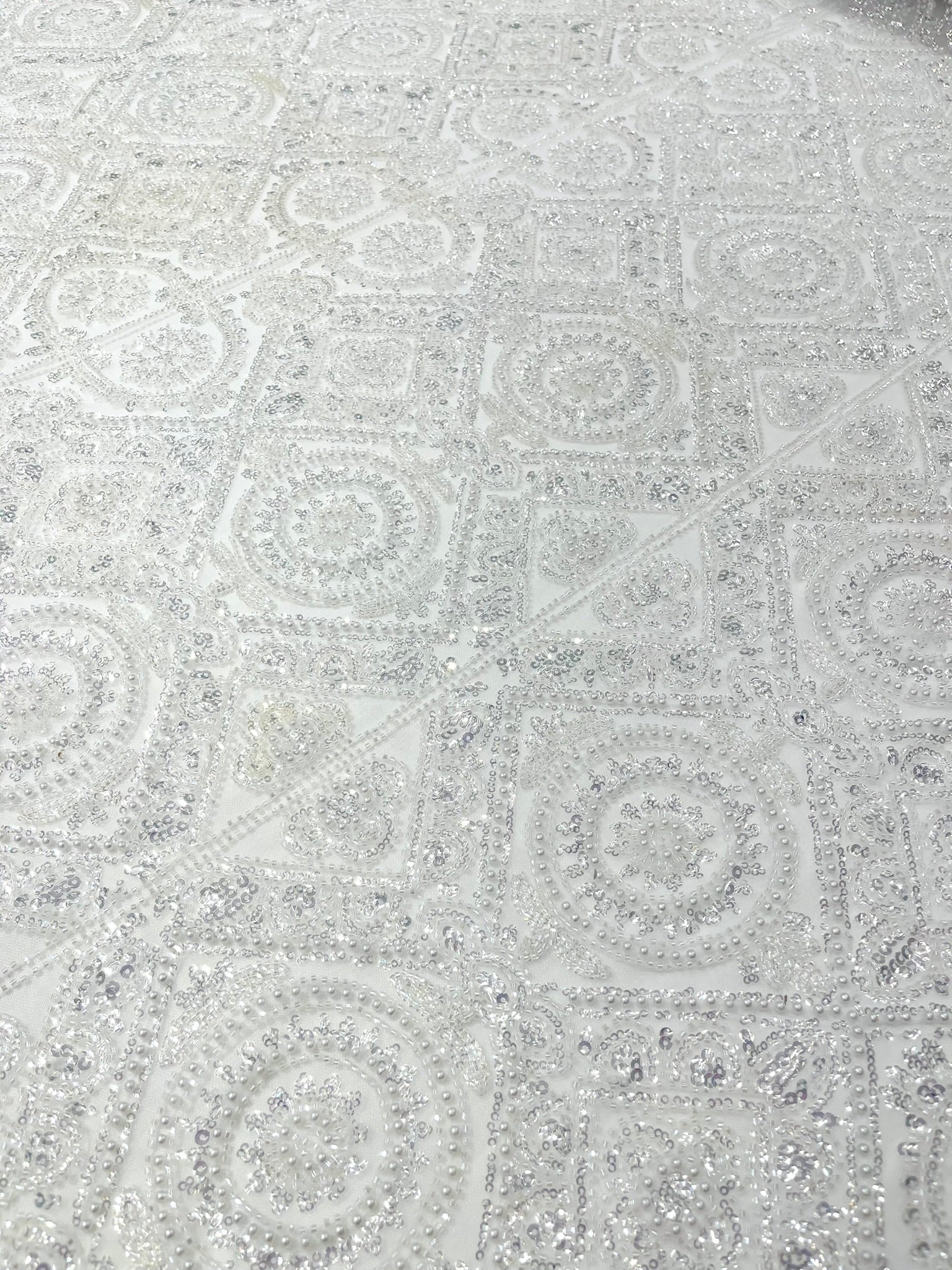 Beaded Lace Fabric, Heavy Embroidered Geometric Design on 58" Mesh - New Creations Fabric & Foam Inc