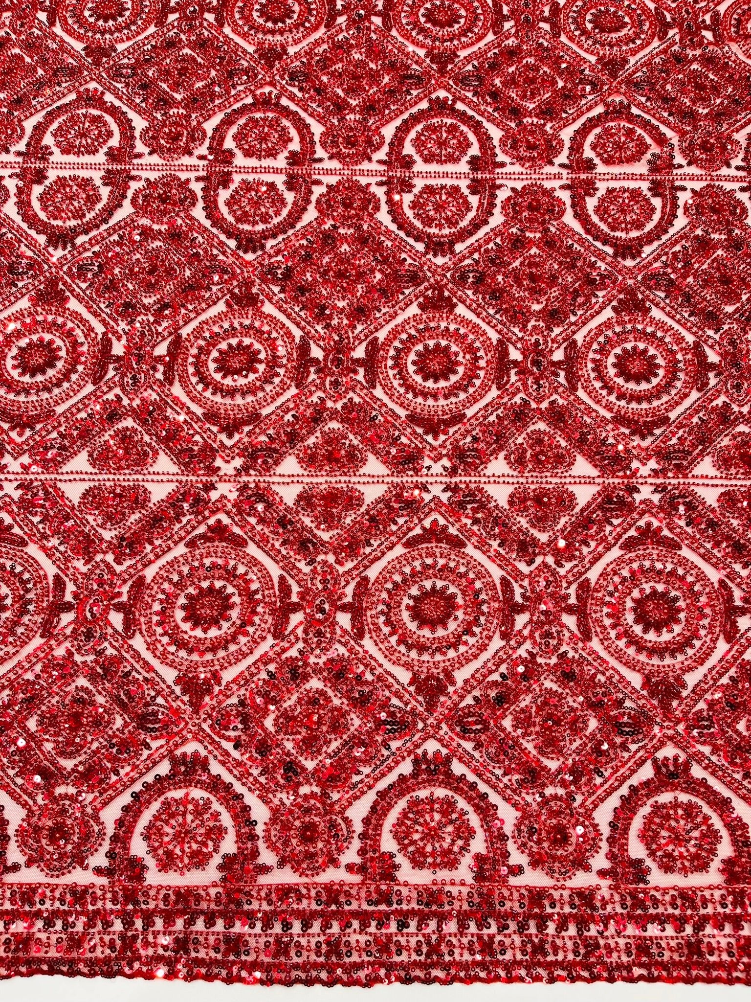 Beaded Lace Fabric, Heavy Embroidered Geometric Design on 58" Mesh - New Creations Fabric & Foam Inc