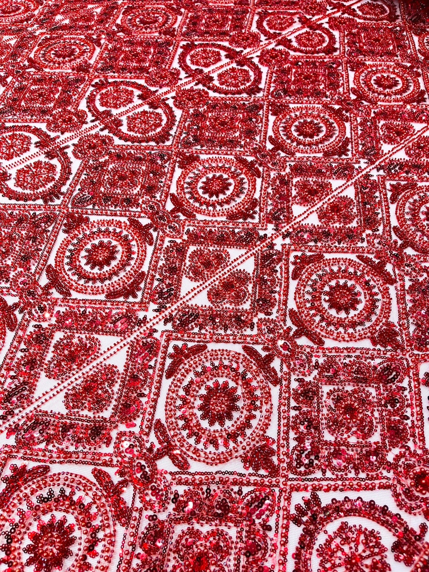 Beaded Lace Fabric, Heavy Embroidered Geometric Design on 58" Mesh - New Creations Fabric & Foam Inc