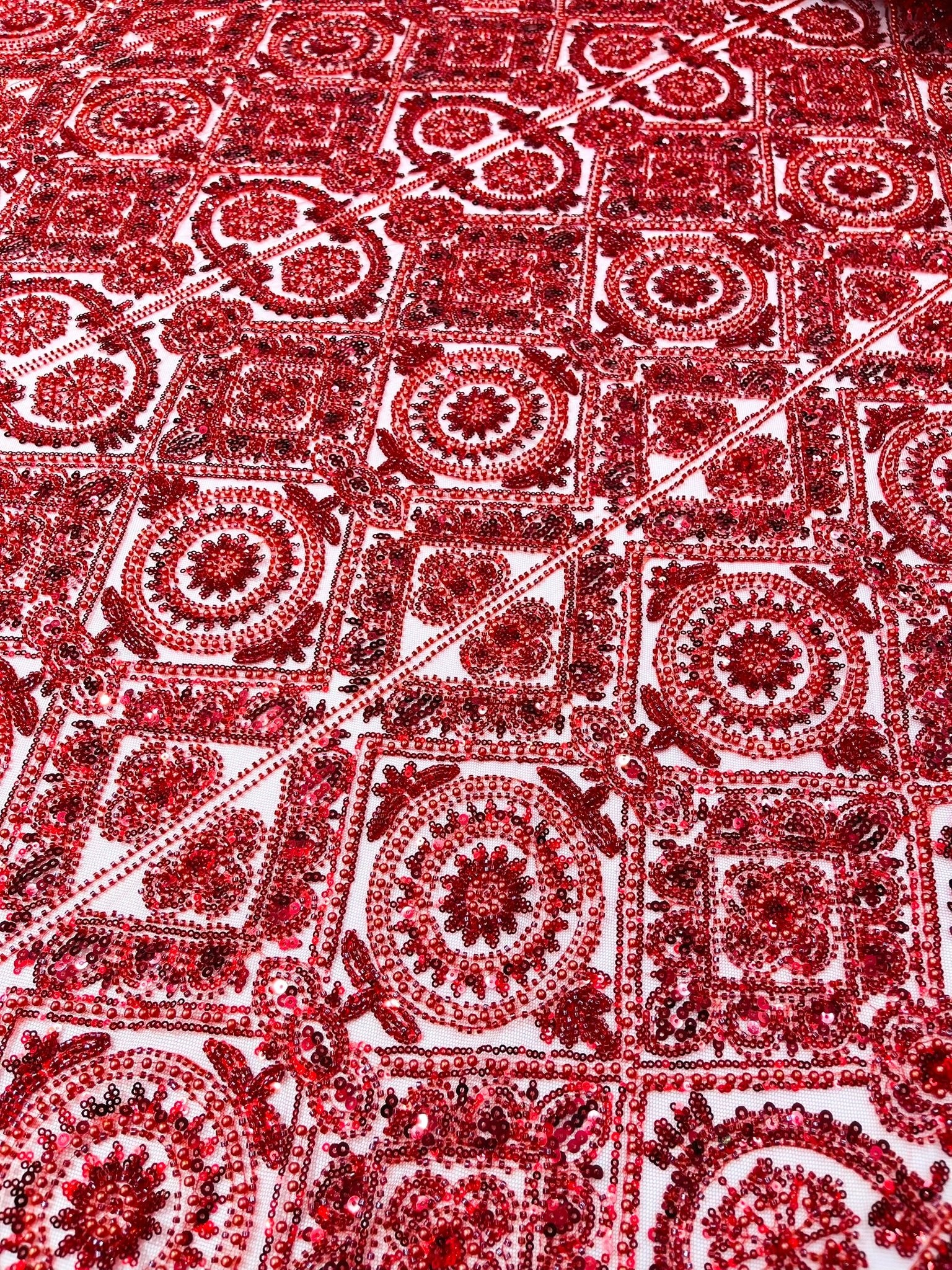 Beaded Lace Fabric, Heavy Embroidered Geometric Design on 58" Mesh - New Creations Fabric & Foam Inc