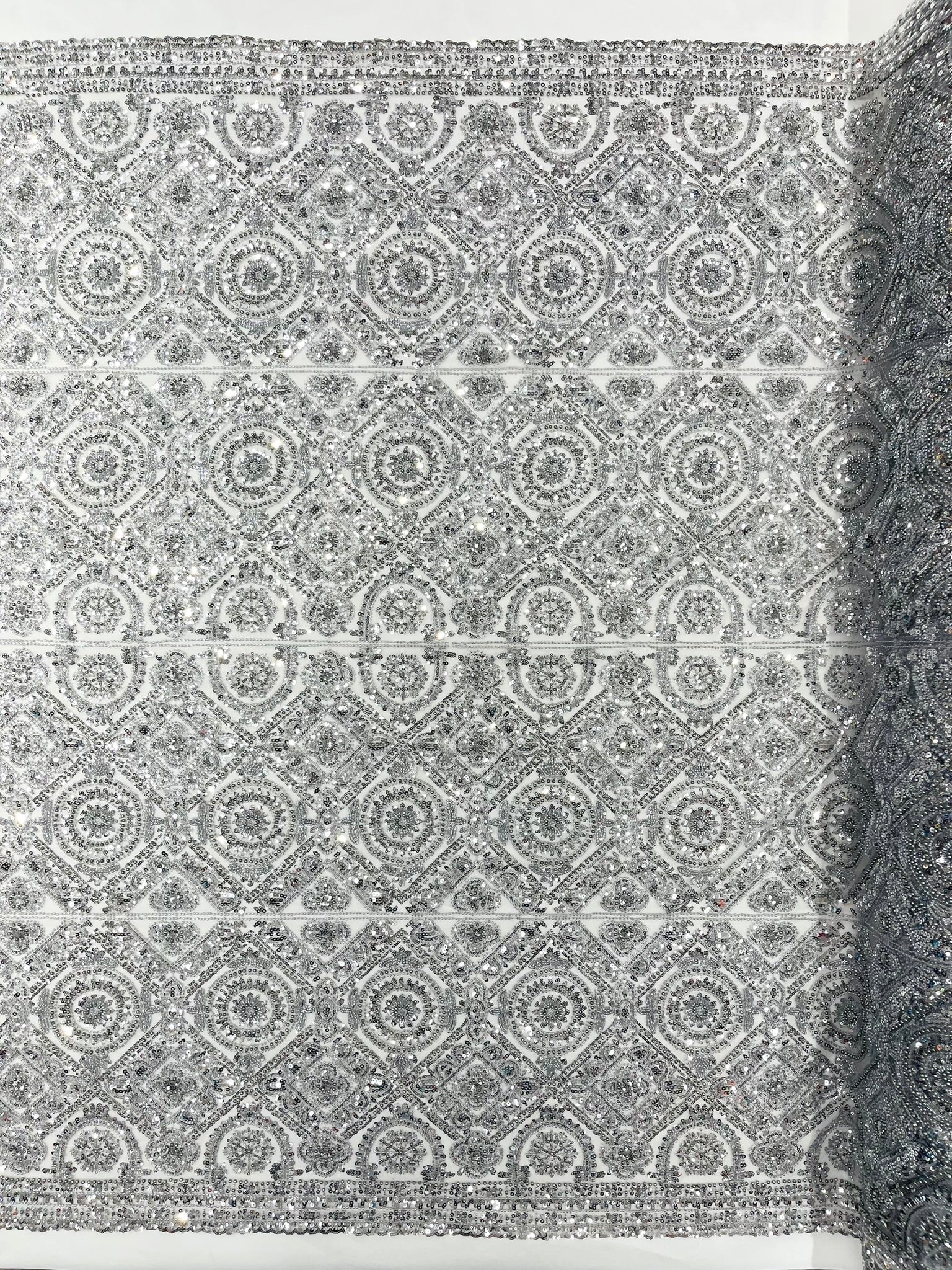 Beaded Lace Fabric, Heavy Embroidered Geometric Design on 58" Mesh - New Creations Fabric & Foam Inc
