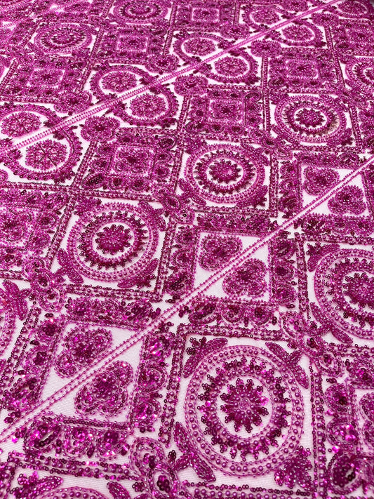Beaded Lace Fabric, Heavy Embroidered Geometric Design on 58" Mesh - New Creations Fabric & Foam Inc