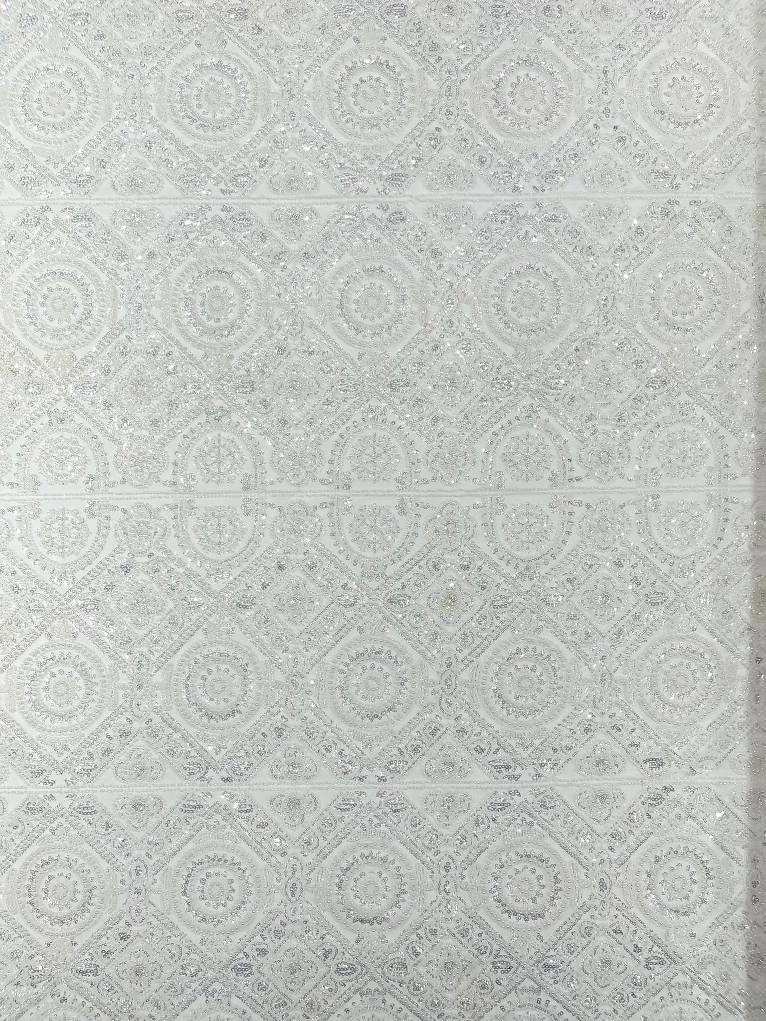 Beaded Lace Fabric, Heavy Embroidered Geometric Design on 58" Mesh - New Creations Fabric & Foam Inc