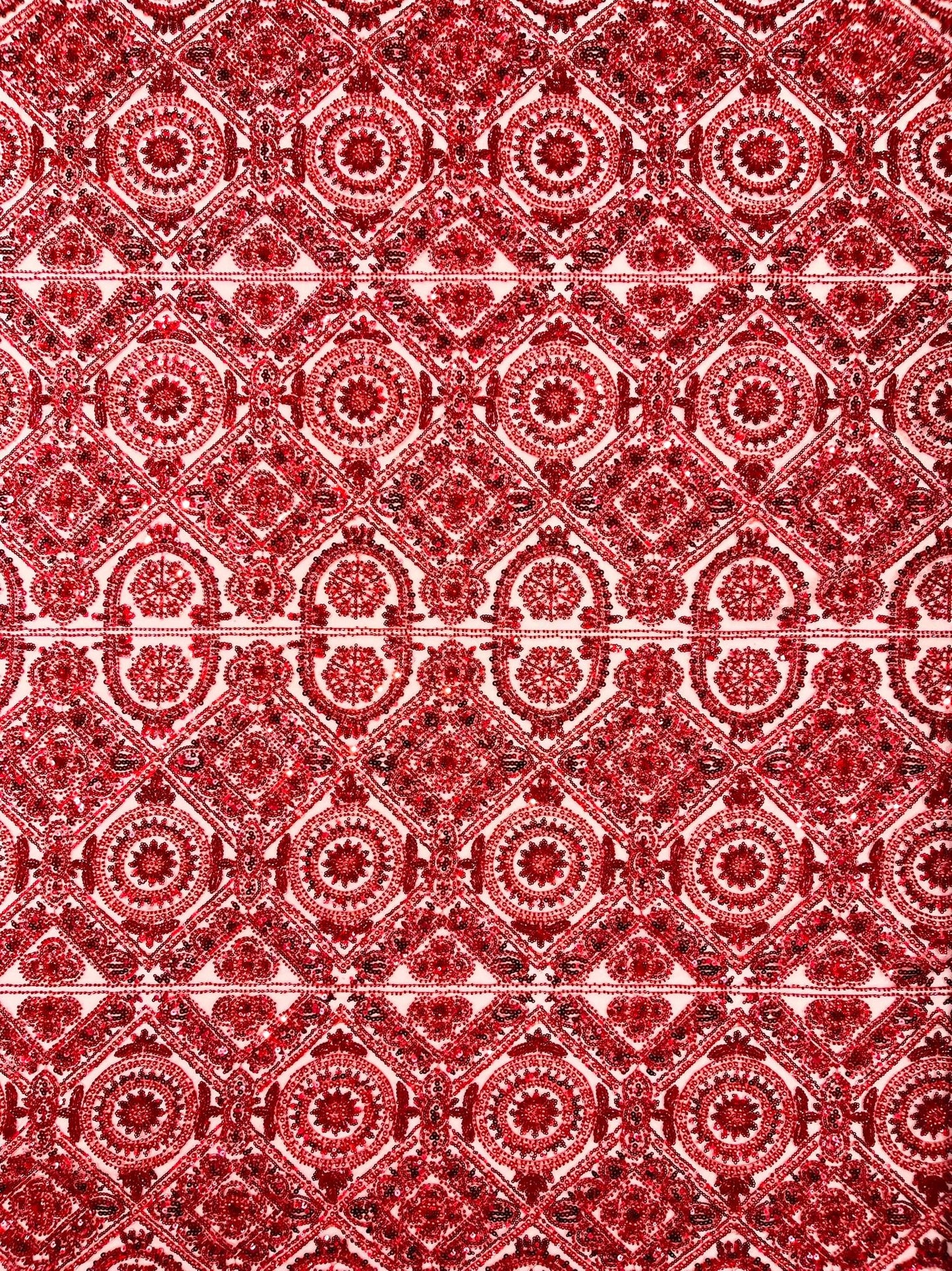 Beaded Lace Fabric, Heavy Embroidered Geometric Design on 58" Mesh - New Creations Fabric & Foam Inc