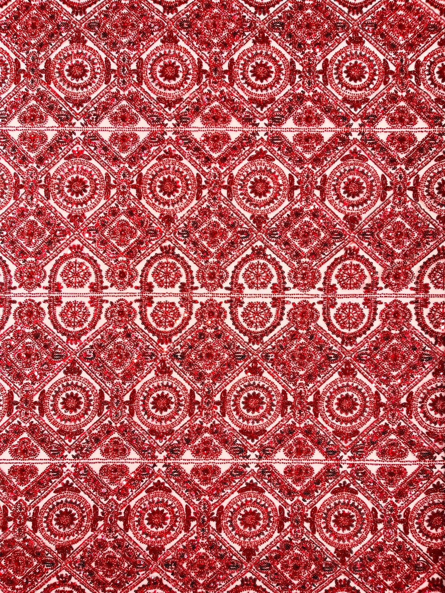 Beaded Lace Fabric, Heavy Embroidered Geometric Design on 58" Mesh - New Creations Fabric & Foam Inc