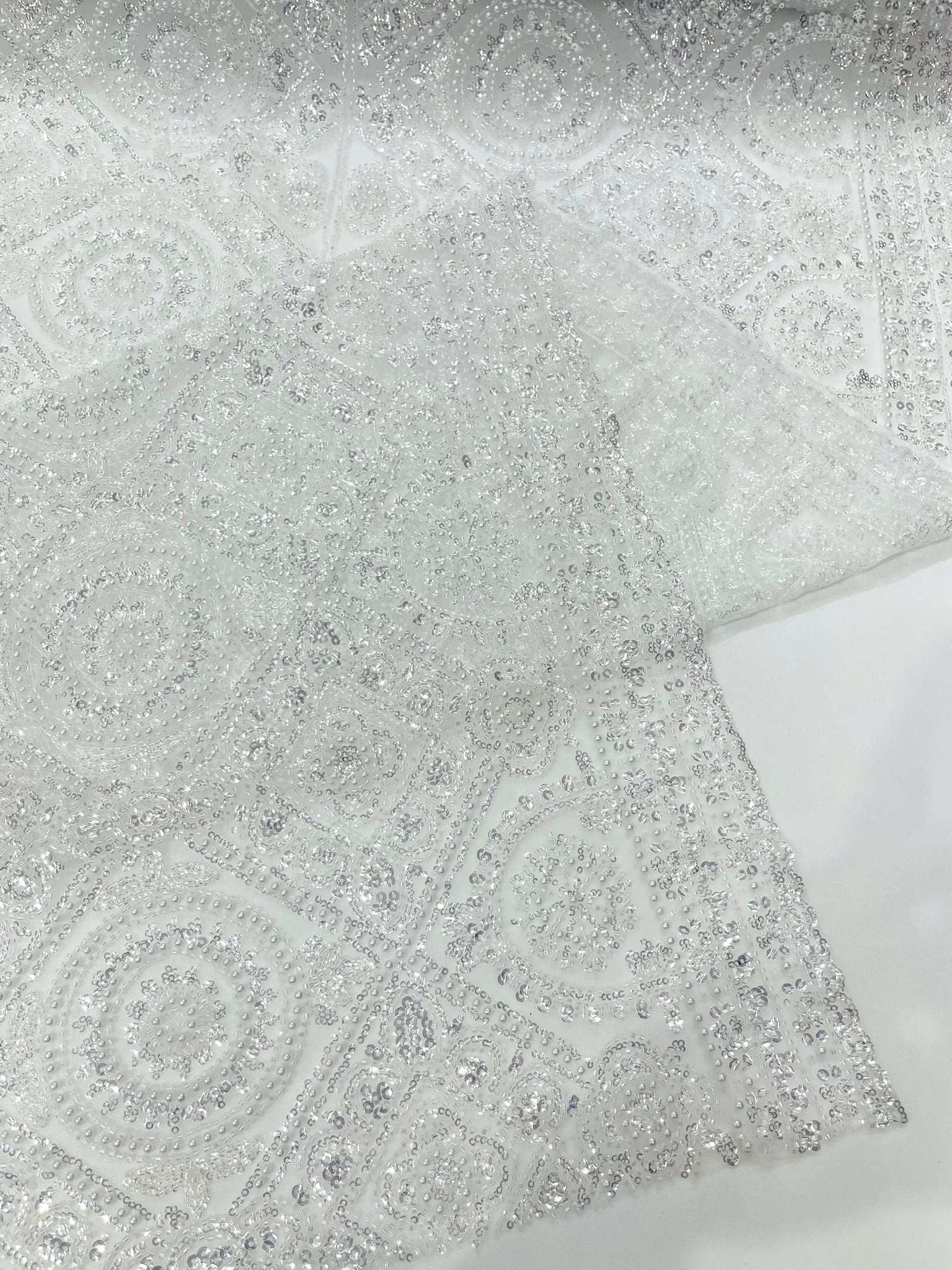 Beaded Lace Fabric, Heavy Embroidered Geometric Design on 58" Mesh - New Creations Fabric & Foam Inc