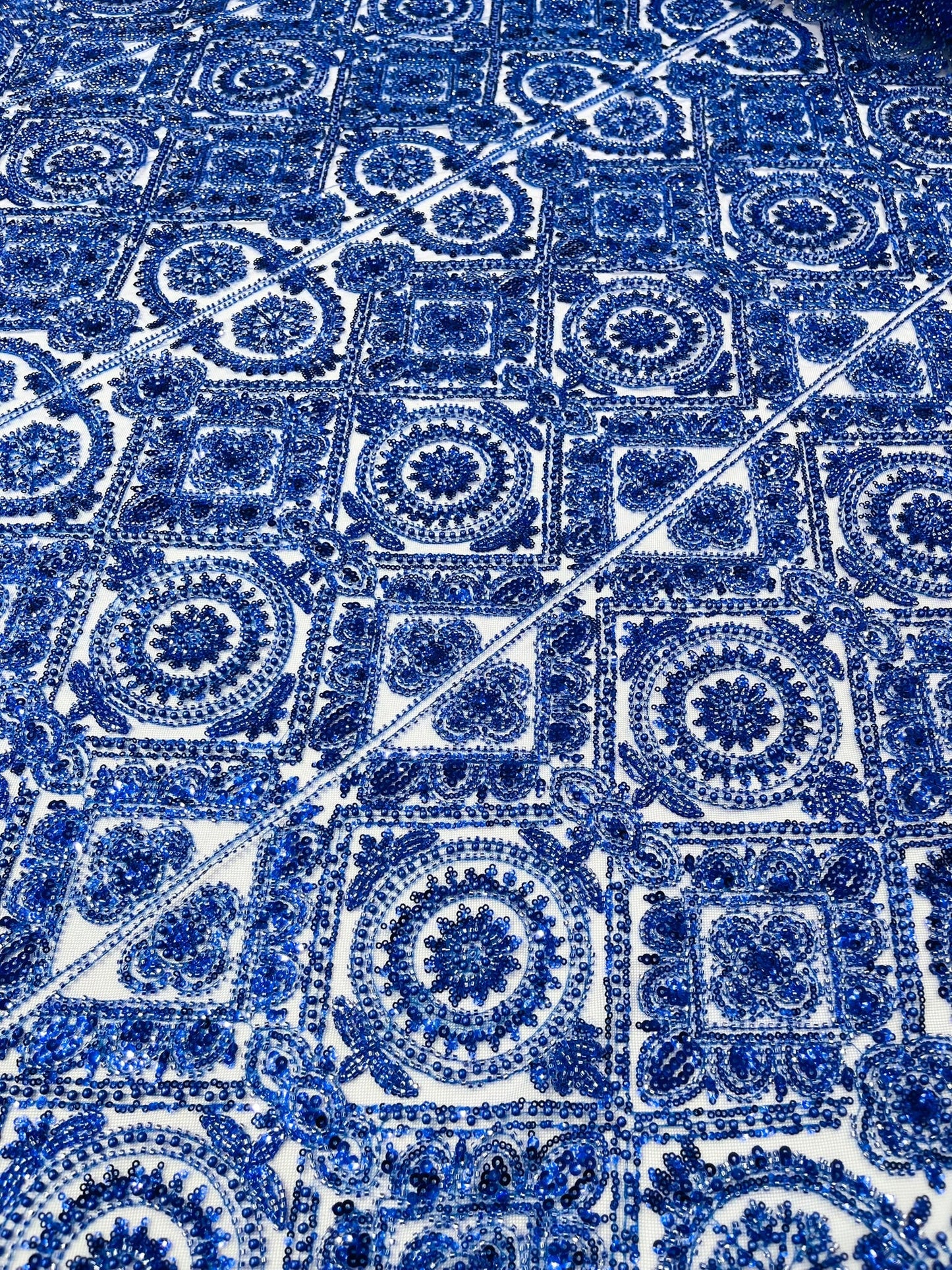 Beaded Lace Fabric, Heavy Embroidered Geometric Design on 58" Mesh - New Creations Fabric & Foam Inc