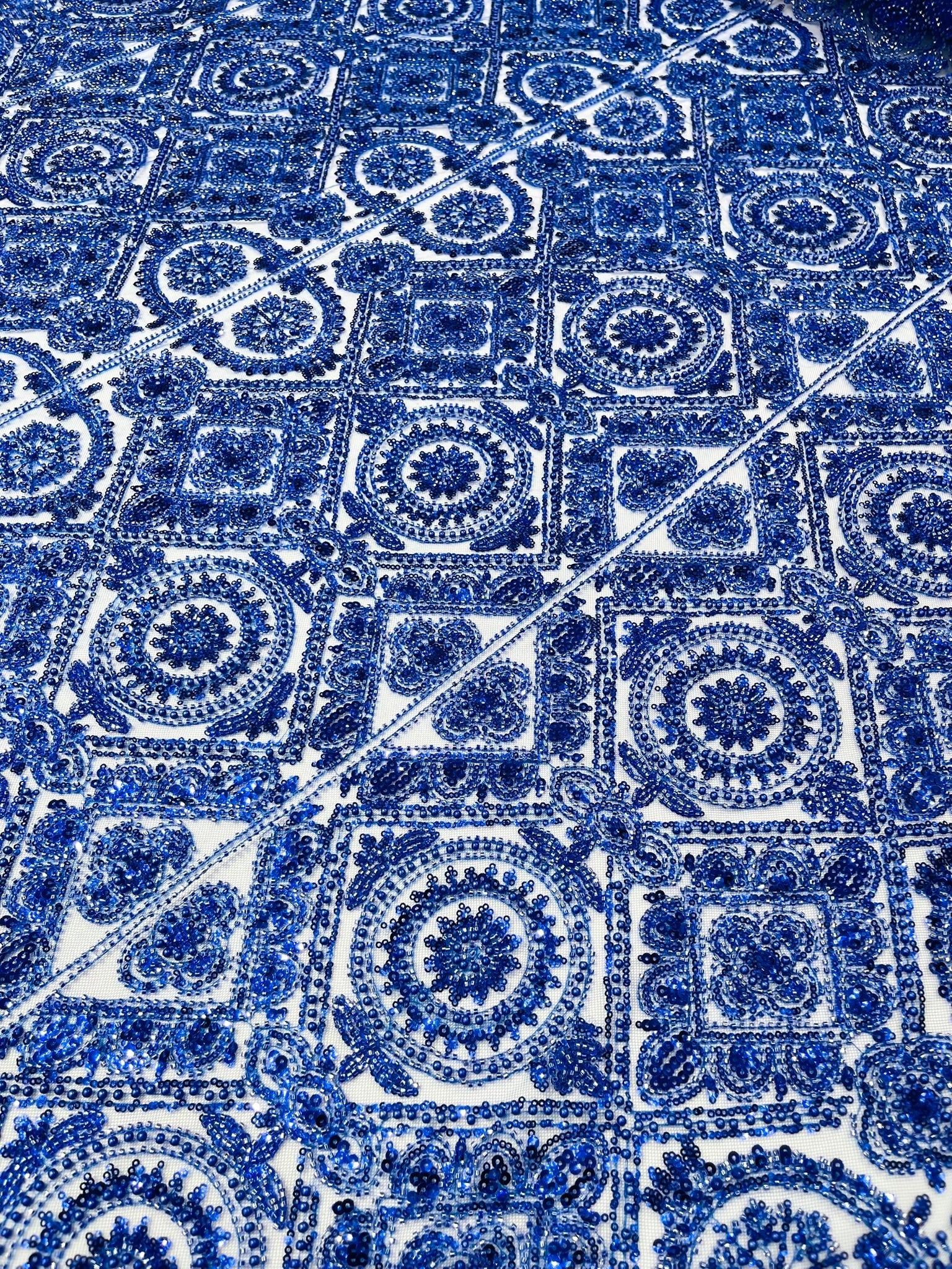 Beaded Lace Fabric, Heavy Embroidered Geometric Design on 58" Mesh - New Creations Fabric & Foam Inc