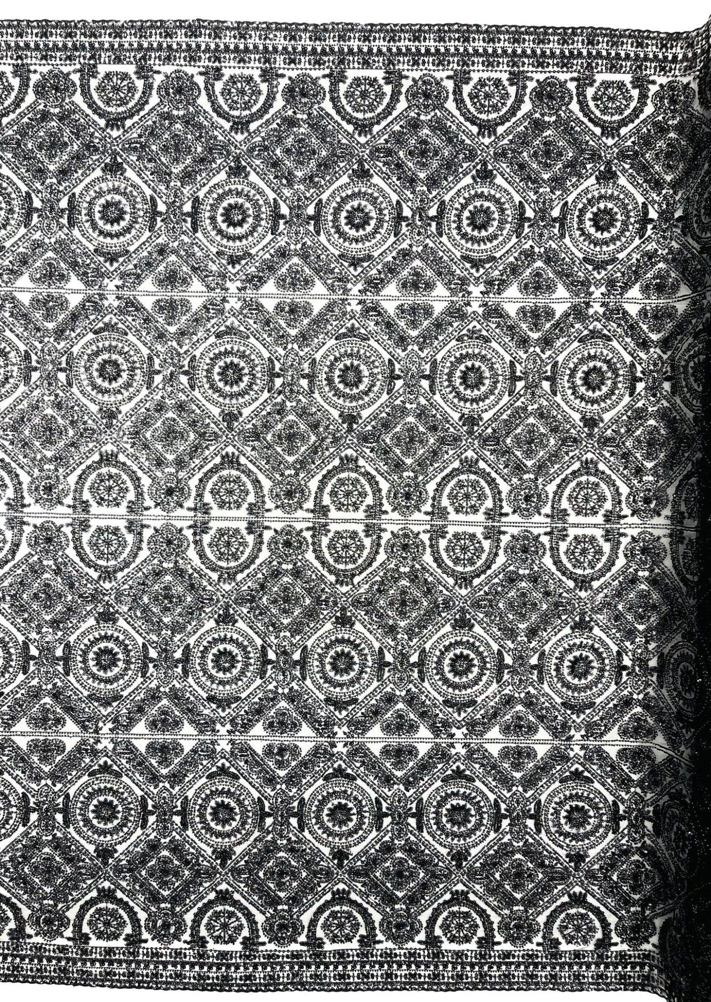 Beaded Lace Fabric, Heavy Embroidered Geometric Design on 58" Mesh - New Creations Fabric & Foam Inc