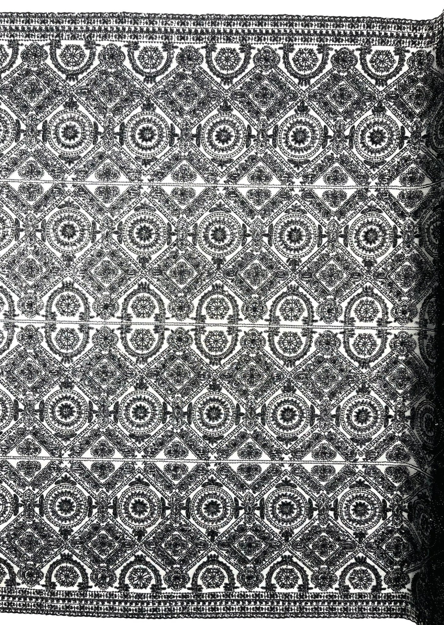 Beaded Lace Fabric, Heavy Embroidered Geometric Design on 58" Mesh - New Creations Fabric & Foam Inc