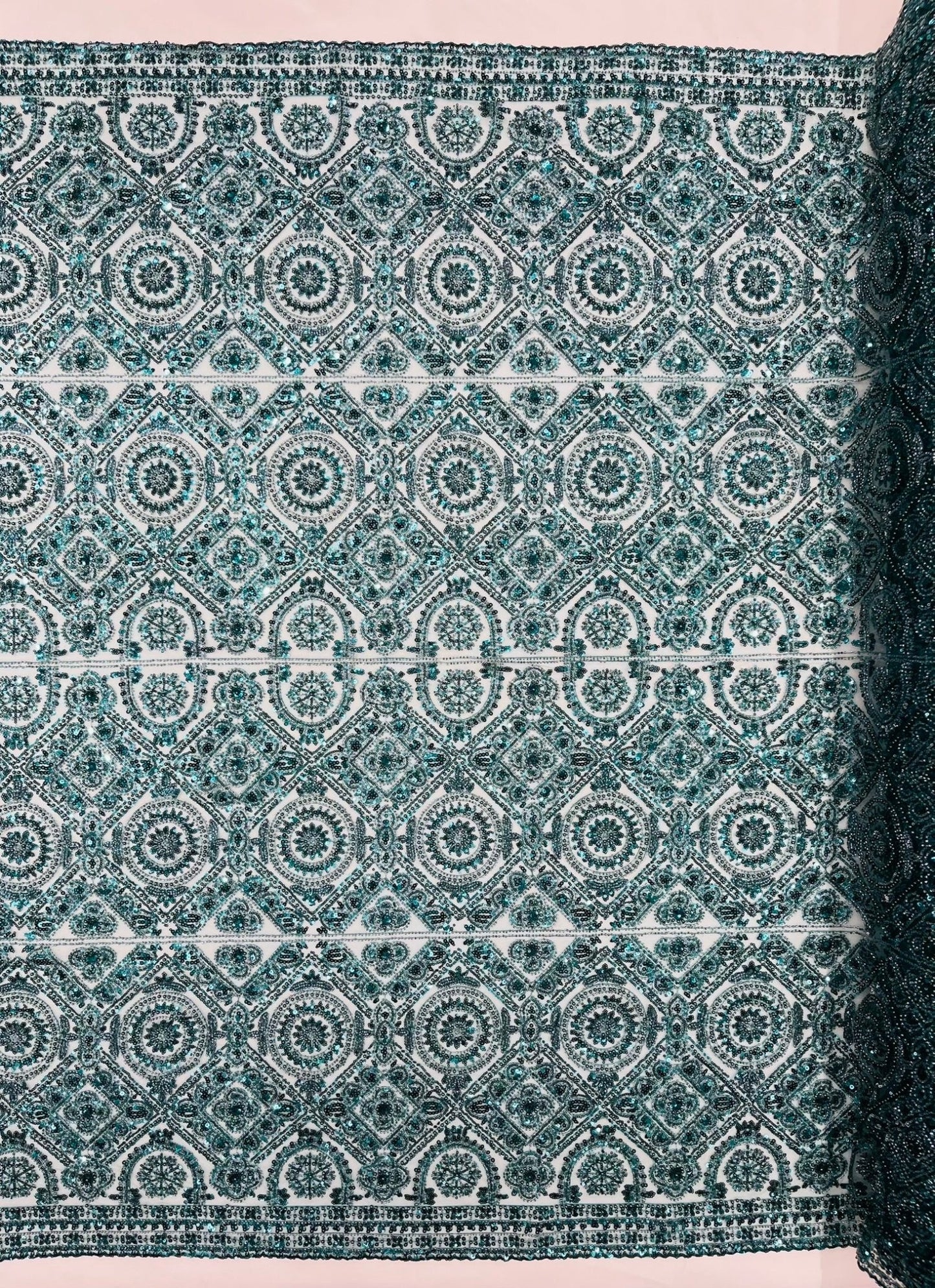 Beaded Lace Fabric, Heavy Embroidered Geometric Design on 58" Mesh - New Creations Fabric & Foam Inc