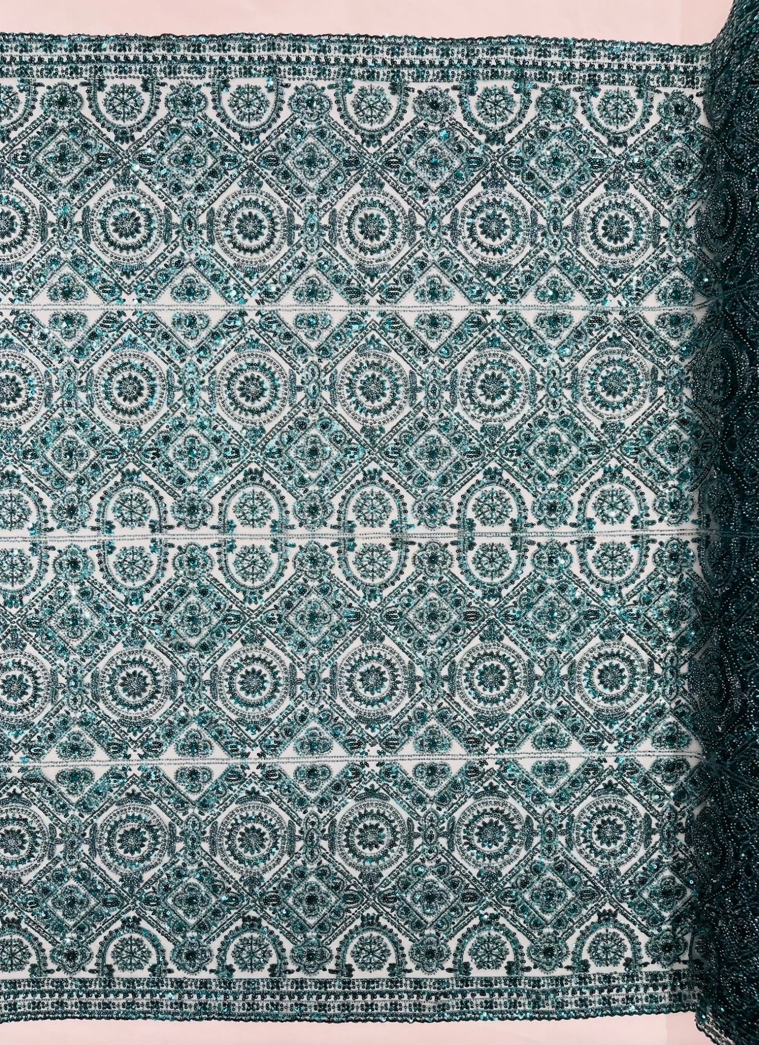 Beaded Lace Fabric, Heavy Embroidered Geometric Design on 58" Mesh - New Creations Fabric & Foam Inc