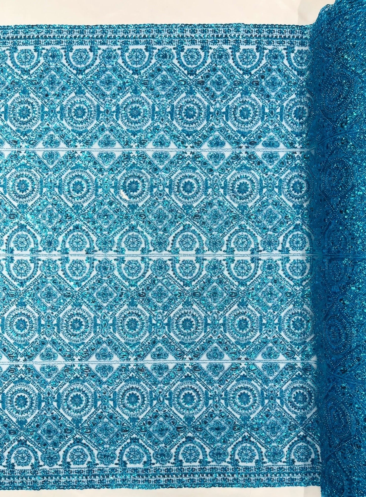 Beaded Lace Fabric, Heavy Embroidered Geometric Design on 58" Mesh - New Creations Fabric & Foam Inc