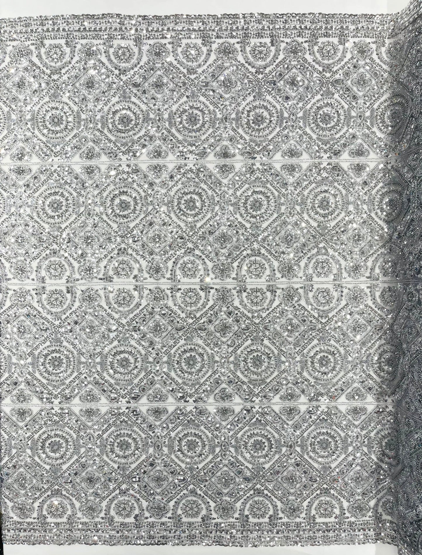 Beaded Lace Fabric, Heavy Embroidered Geometric Design on 58" Mesh - New Creations Fabric & Foam Inc