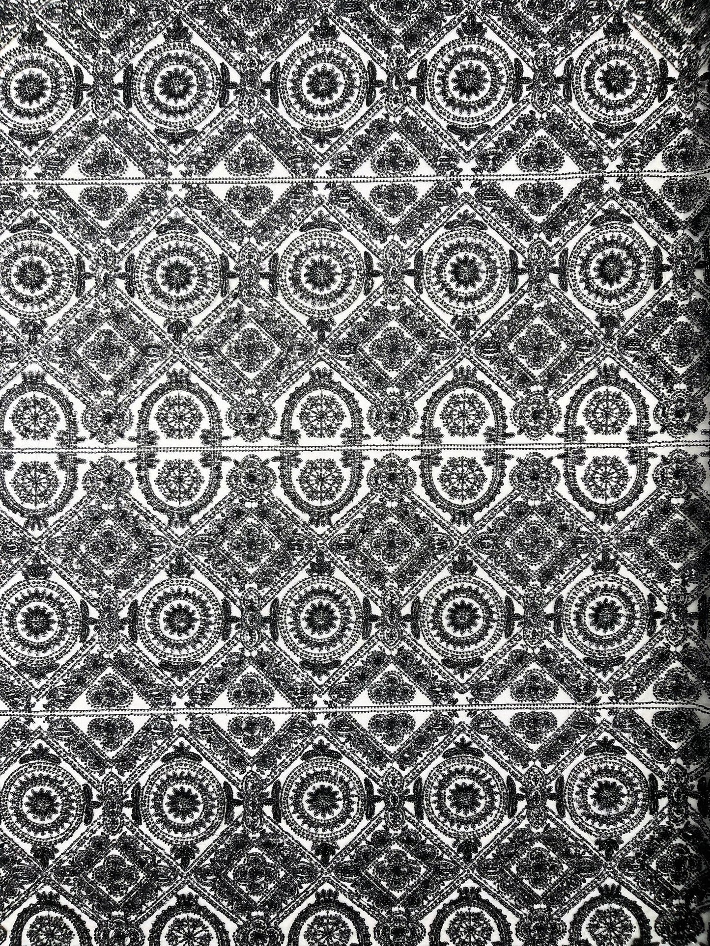 Beaded Lace Fabric, Heavy Embroidered Geometric Design on 58" Mesh - New Creations Fabric & Foam Inc