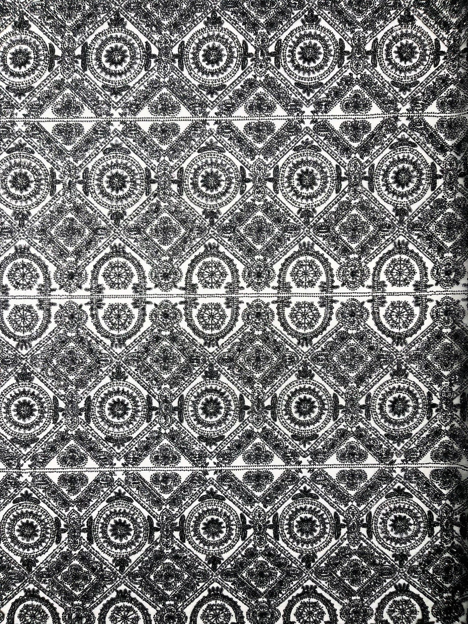 Beaded Lace Fabric, Heavy Embroidered Geometric Design on 58" Mesh - New Creations Fabric & Foam Inc
