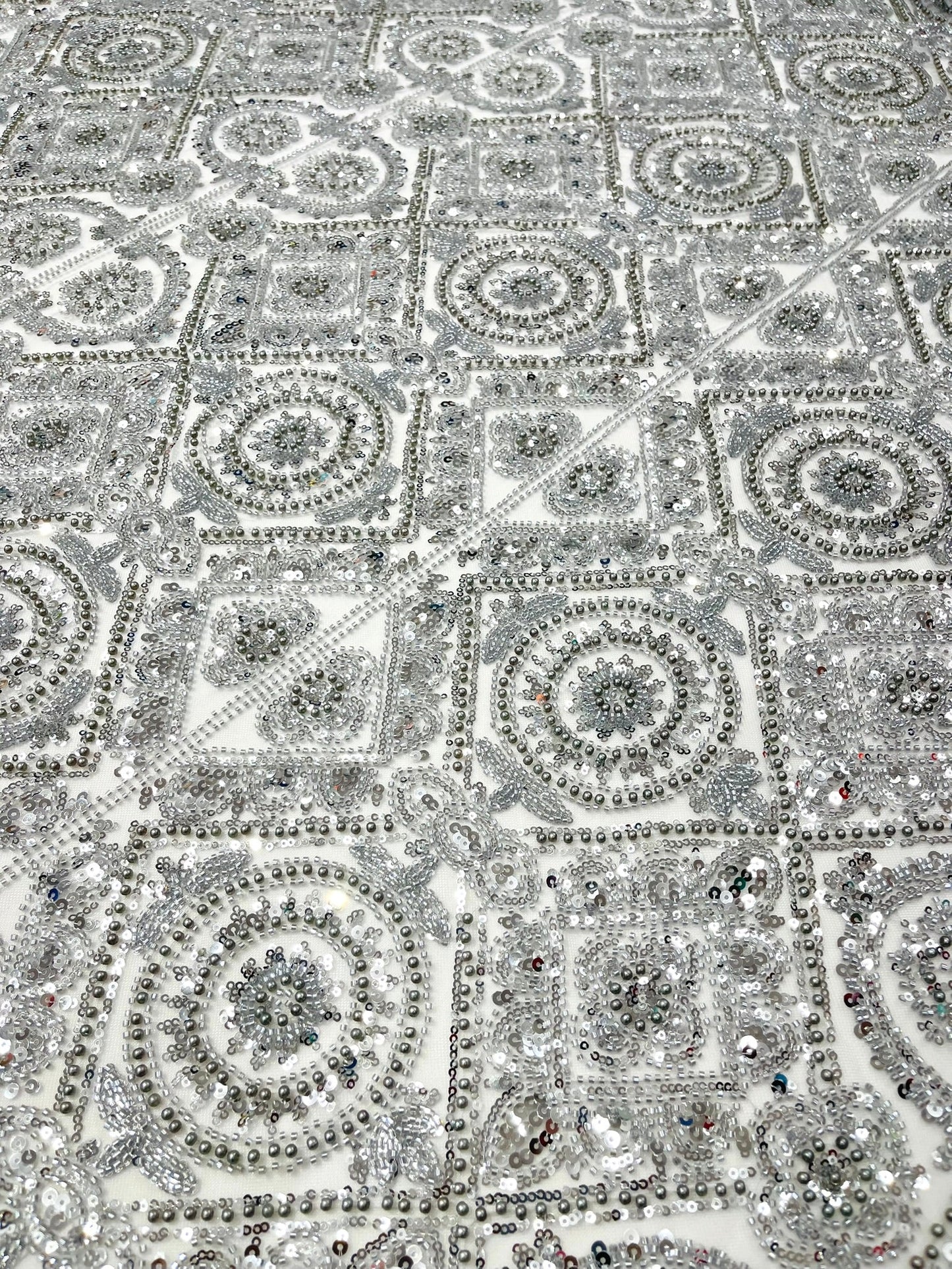Beaded Lace Fabric, Heavy Embroidered Geometric Design on 58" Mesh - New Creations Fabric & Foam Inc