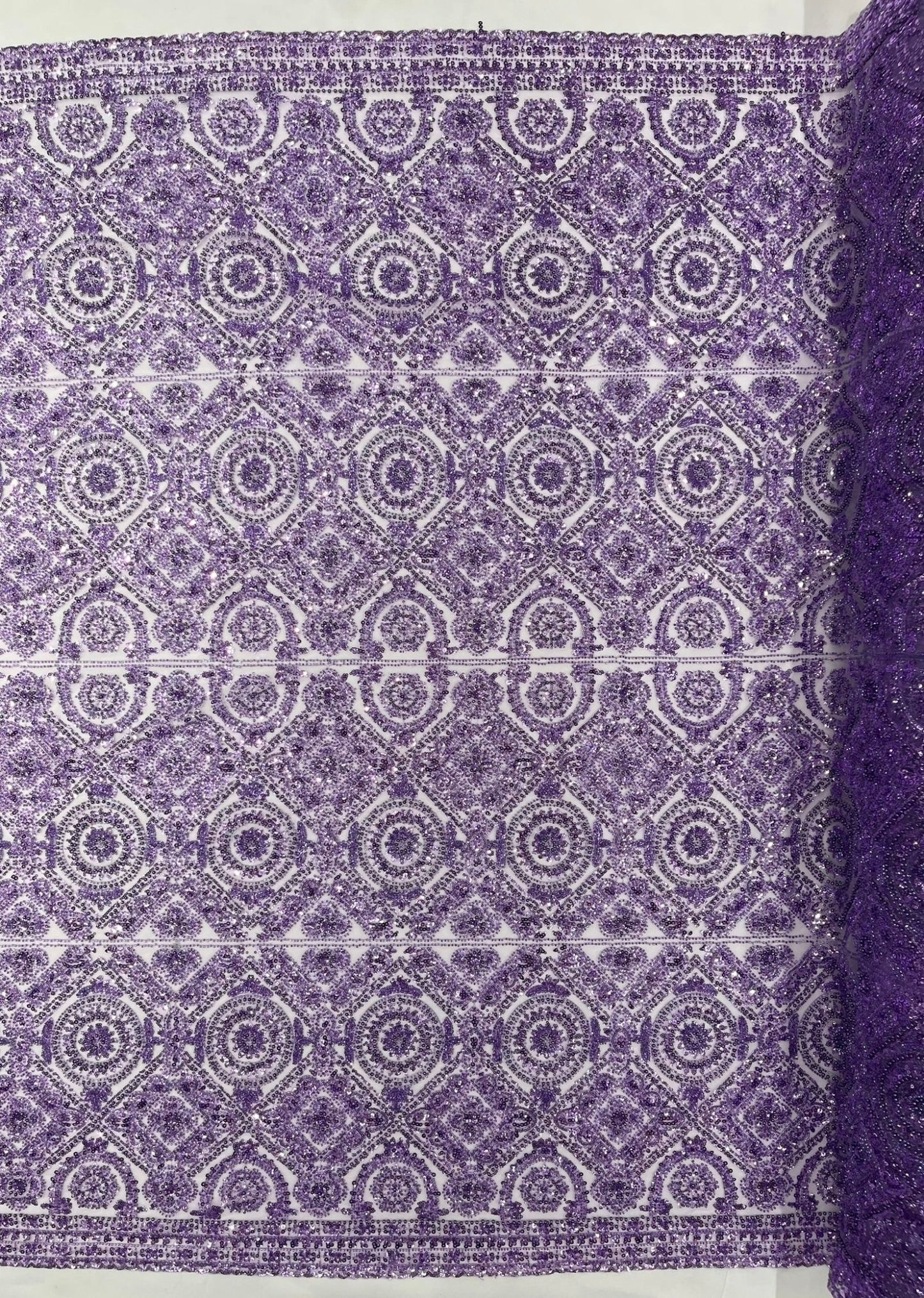 Beaded Lace Fabric, Heavy Embroidered Geometric Design on 58" Mesh - New Creations Fabric & Foam Inc