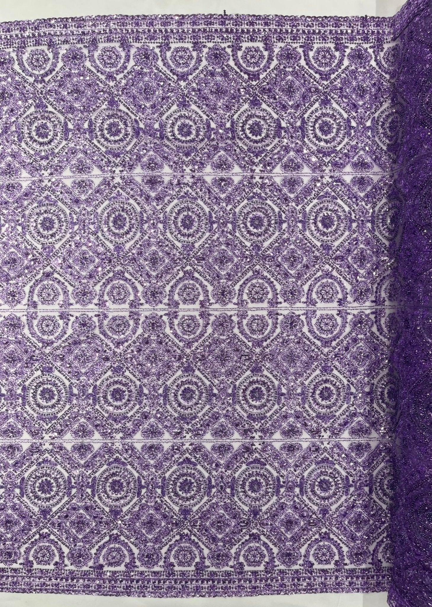 Beaded Lace Fabric, Heavy Embroidered Geometric Design on 58" Mesh - New Creations Fabric & Foam Inc