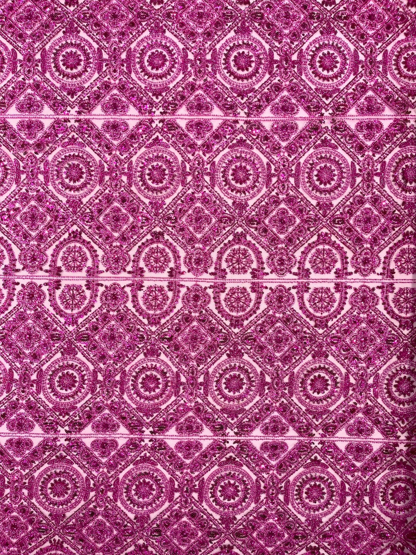 Beaded Lace Fabric, Heavy Embroidered Geometric Design on 58" Mesh - New Creations Fabric & Foam Inc
