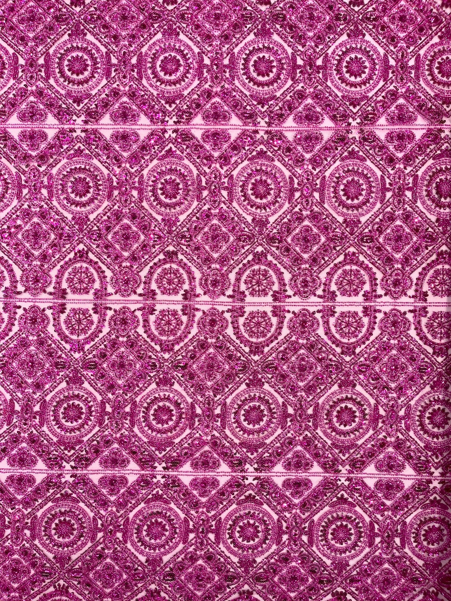 Beaded Lace Fabric, Heavy Embroidered Geometric Design on 58" Mesh - New Creations Fabric & Foam Inc