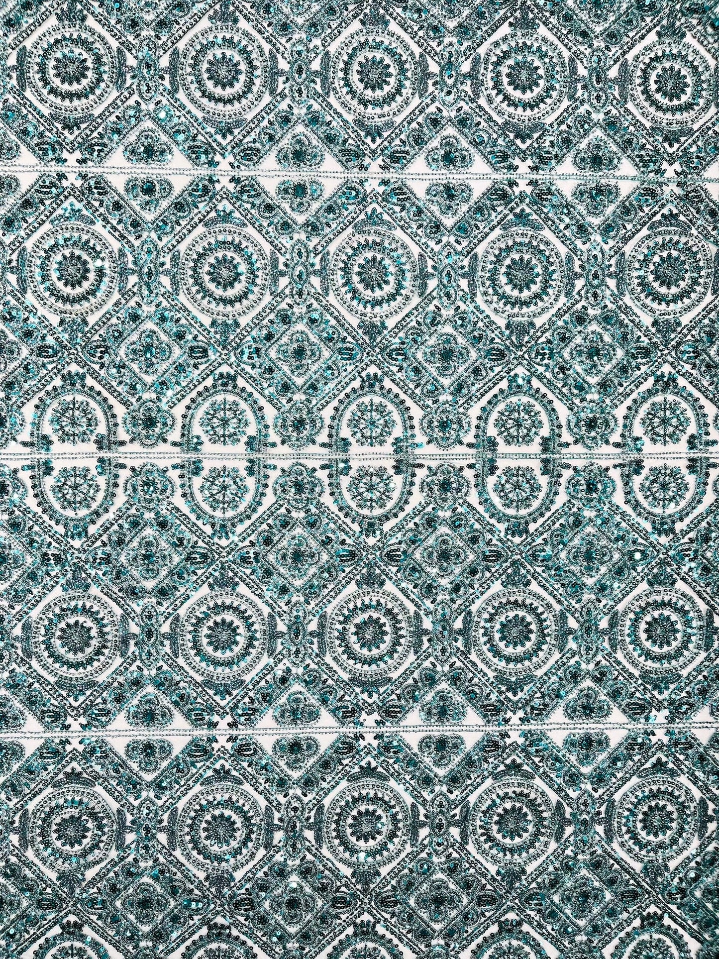 Beaded Lace Fabric, Heavy Embroidered Geometric Design on 58" Mesh - New Creations Fabric & Foam Inc
