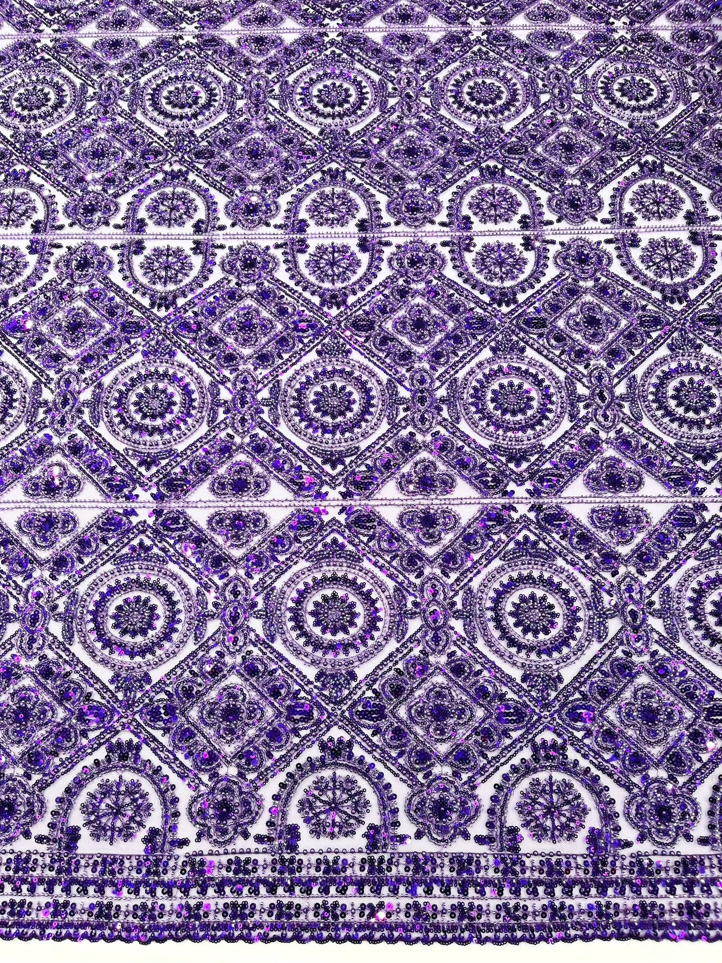 Beaded Lace Fabric, Heavy Embroidered Geometric Design on 58" Mesh - New Creations Fabric & Foam Inc