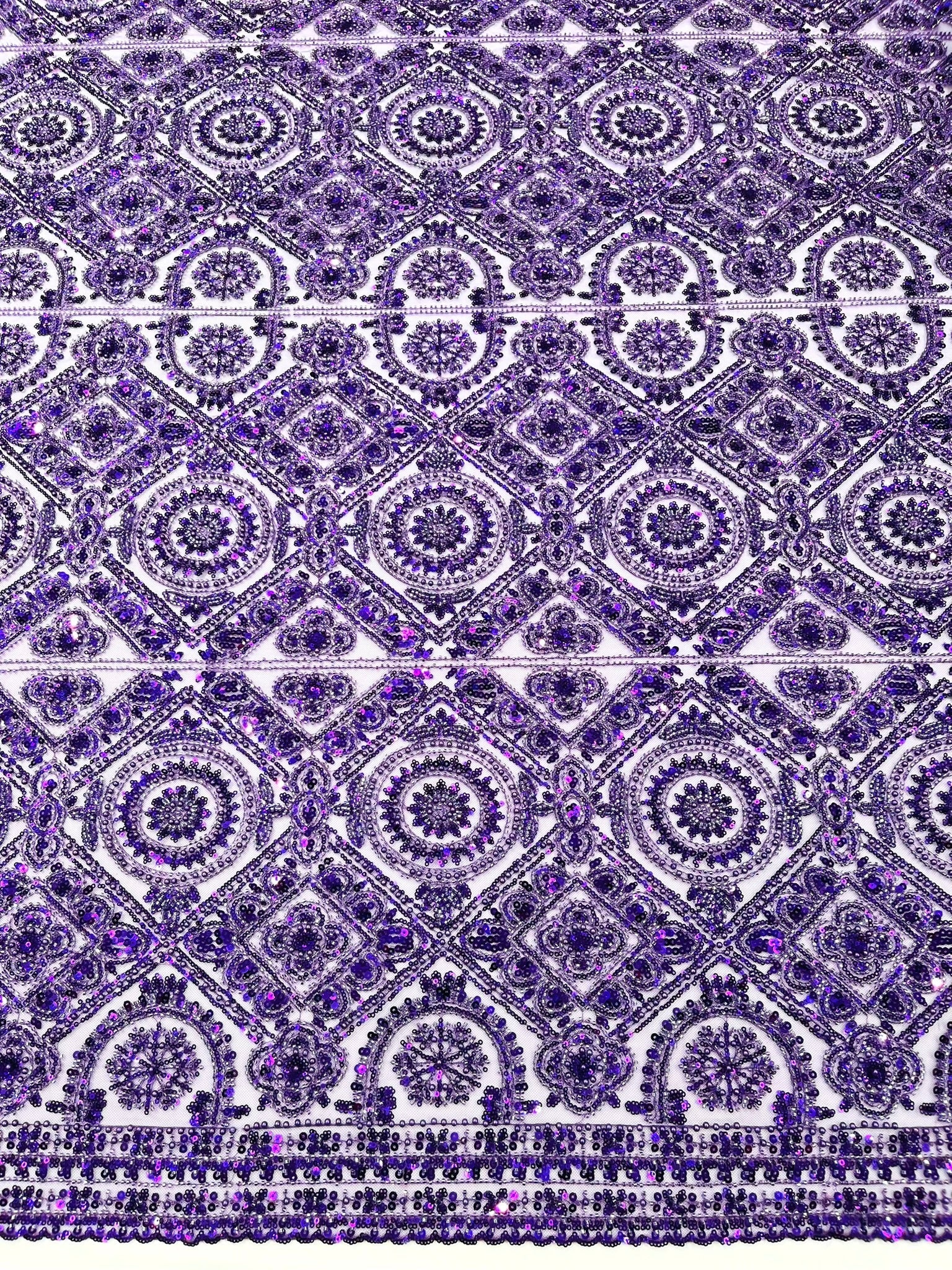 Beaded Lace Fabric, Heavy Embroidered Geometric Design on 58" Mesh - New Creations Fabric & Foam Inc