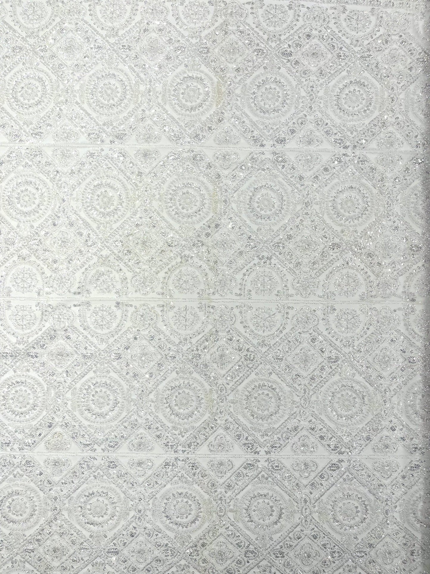 Beaded Lace Fabric, Heavy Embroidered Geometric Design on 58" Mesh - New Creations Fabric & Foam Inc