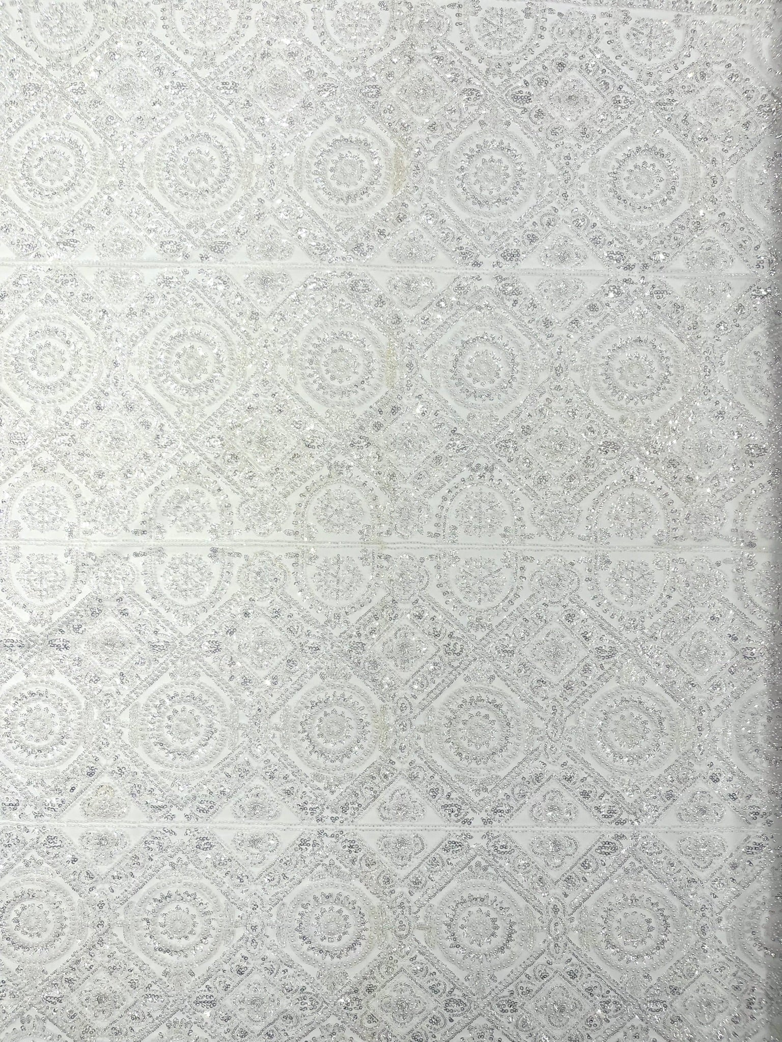 Beaded Lace Fabric, Heavy Embroidered Geometric Design on 58" Mesh - New Creations Fabric & Foam Inc