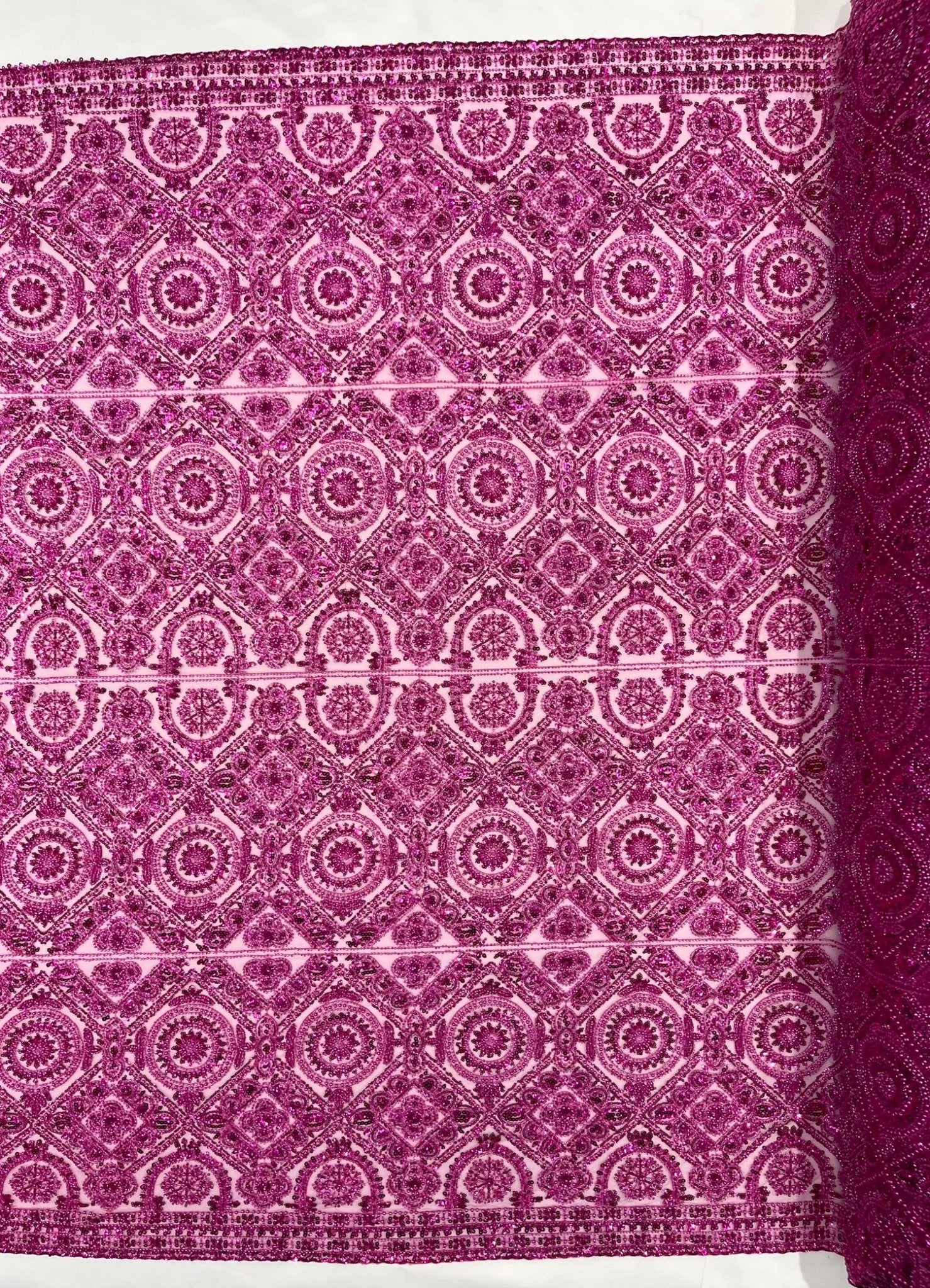 Beaded Lace Fabric, Heavy Embroidered Geometric Design on 58" Mesh - New Creations Fabric & Foam Inc