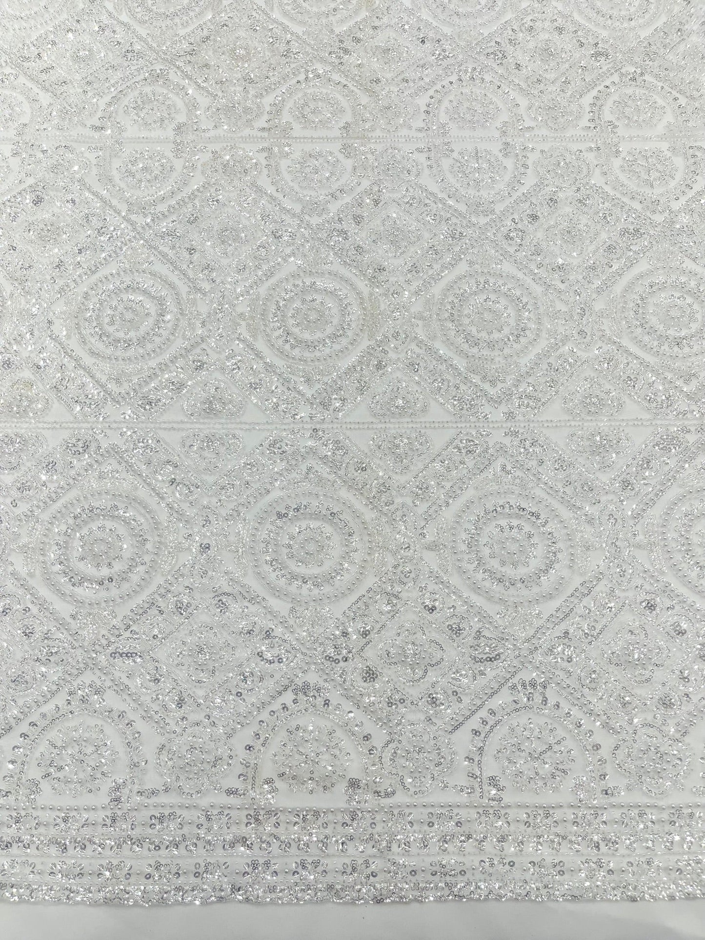 Beaded Lace Fabric, Heavy Embroidered Geometric Design on 58" Mesh - New Creations Fabric & Foam Inc