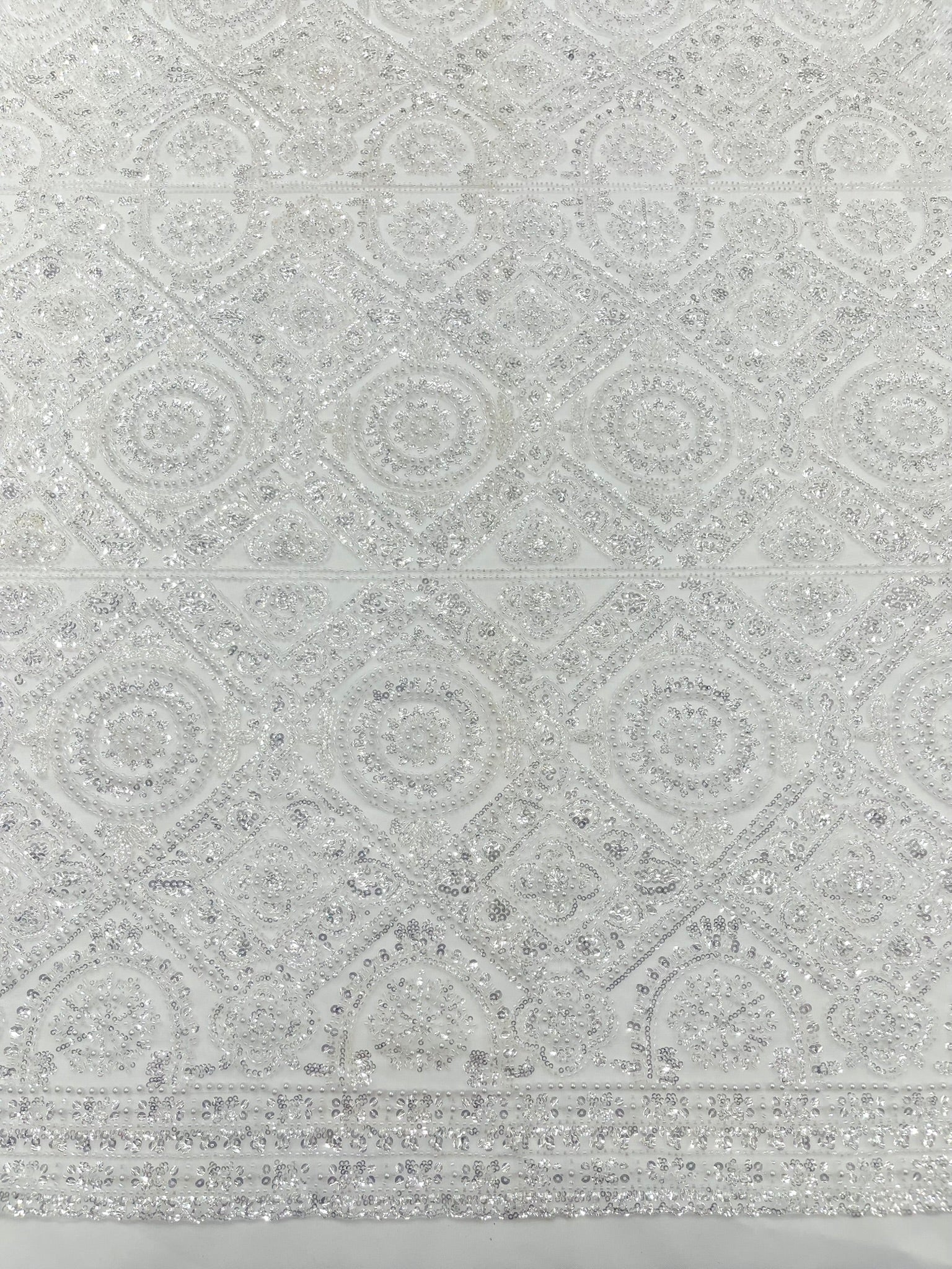 Beaded Lace Fabric, Heavy Embroidered Geometric Design on 58" Mesh - New Creations Fabric & Foam Inc