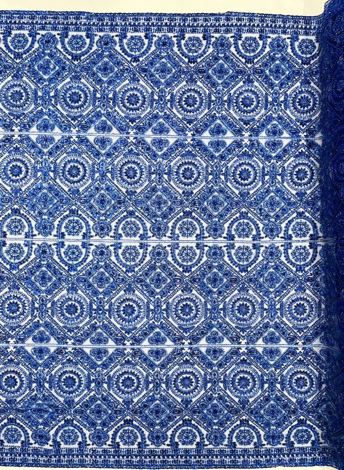 Beaded Lace Fabric, Heavy Embroidered Geometric Design on 58" Mesh - New Creations Fabric & Foam Inc